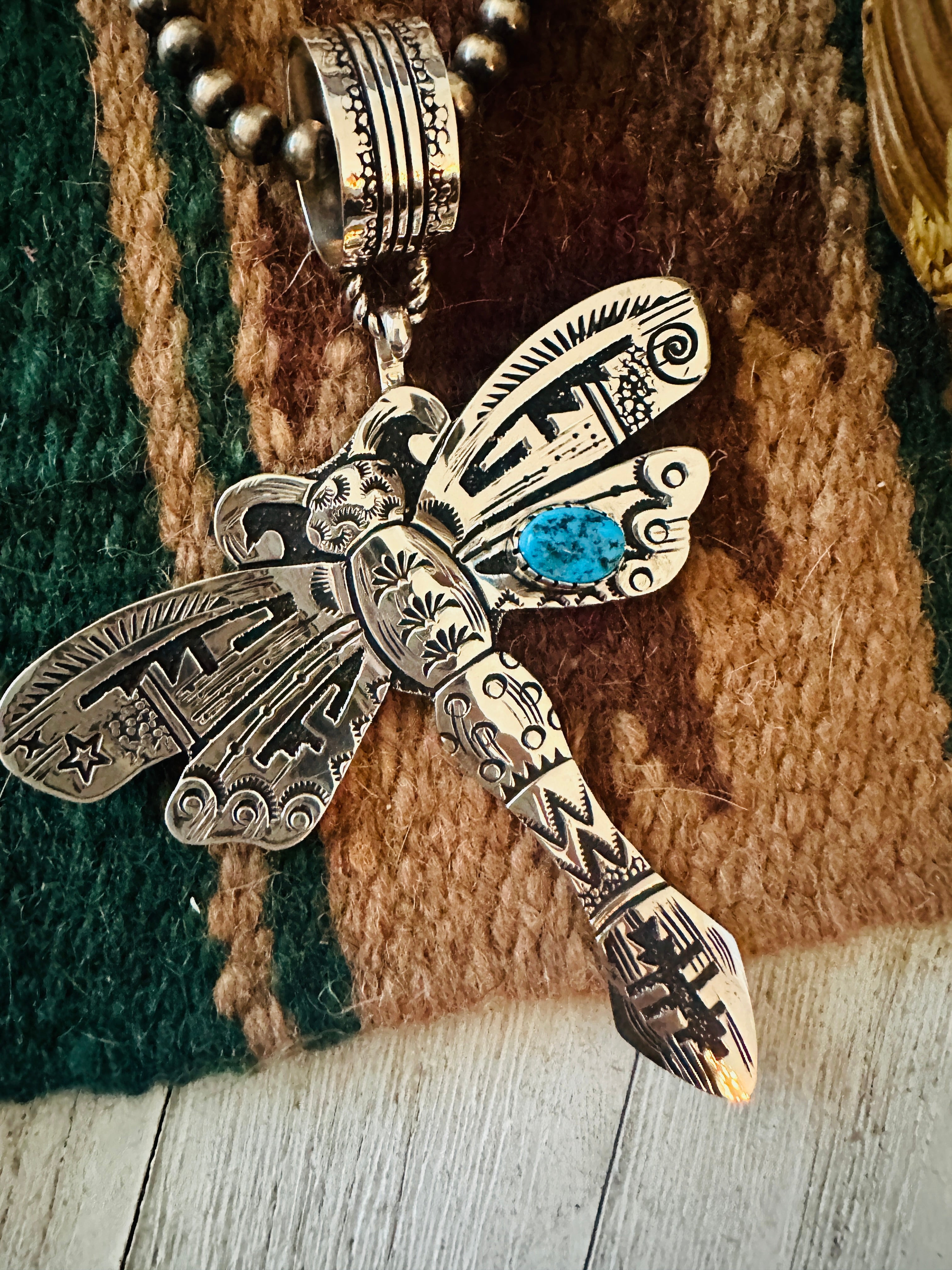 Navajo Turquoise & Sterling Silver Dragonfly Pendant Signed Richard Singer