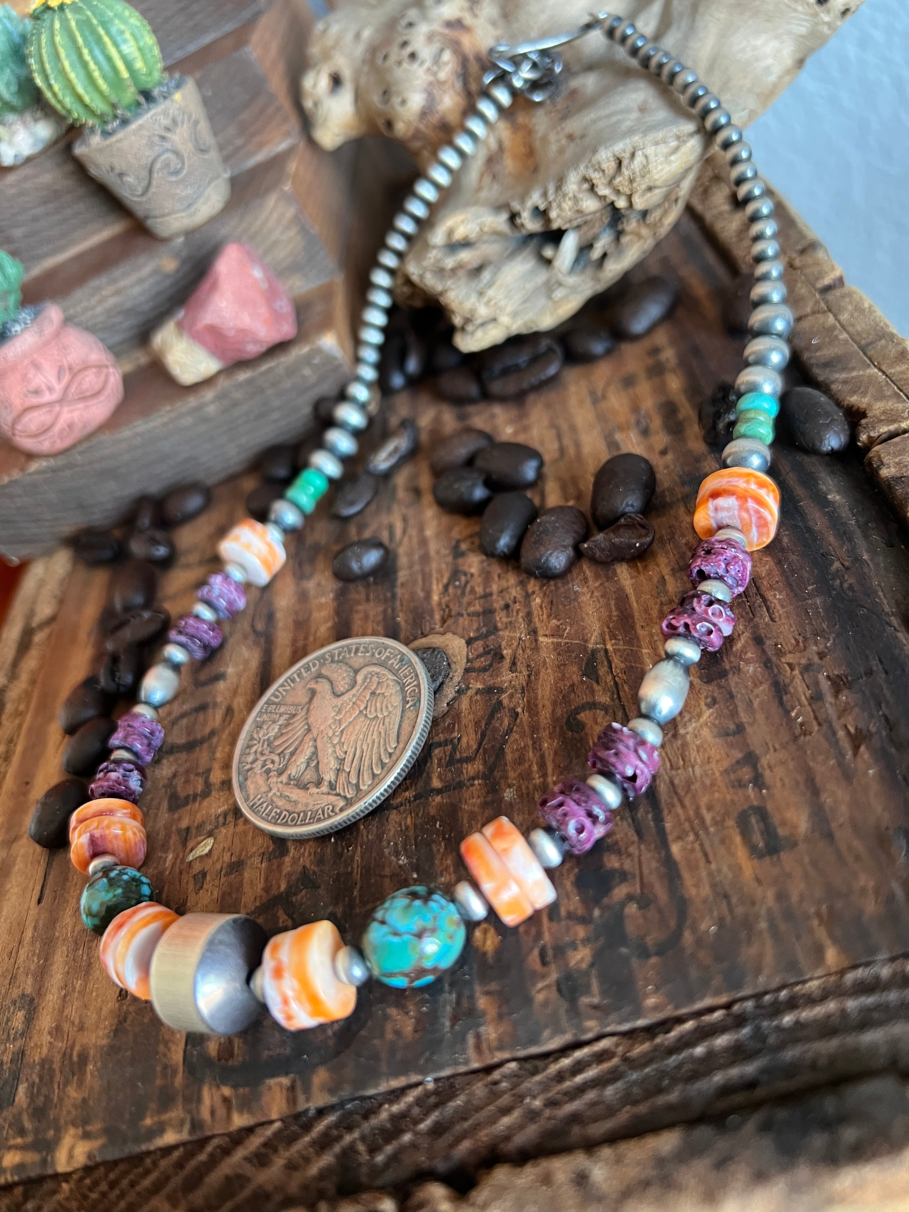 Handcrafted Sterling Silver, Kingman Turquoise and Spiny Oyster Shell Electric Rainbow Beaded Necklace, 16” + 2”