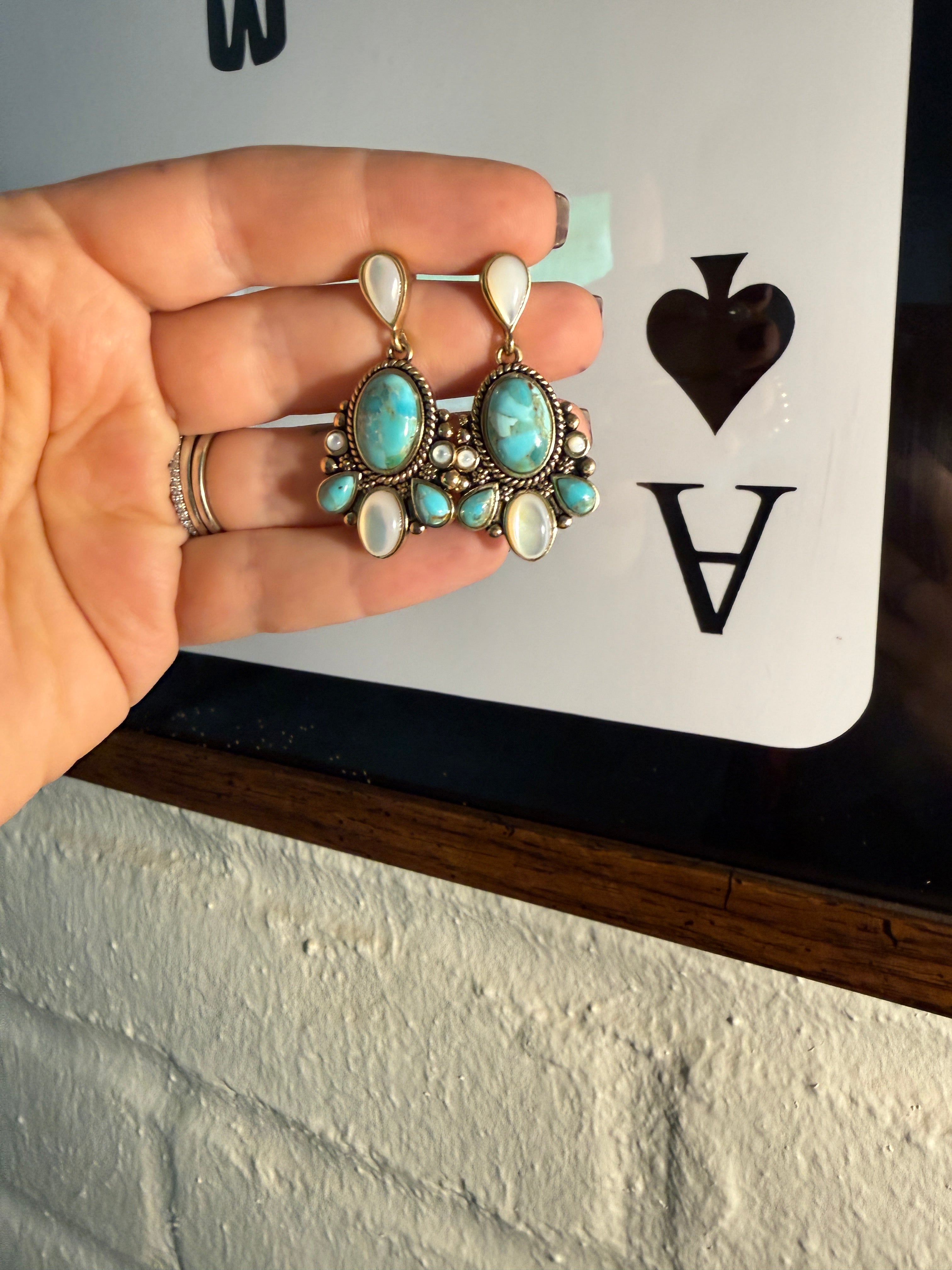 “The Golden Collection” BARCELONA BLUE Handmade Gold Plated Sterling Silver, Mother of Pearl & Turquoise Post Dangle Earrings