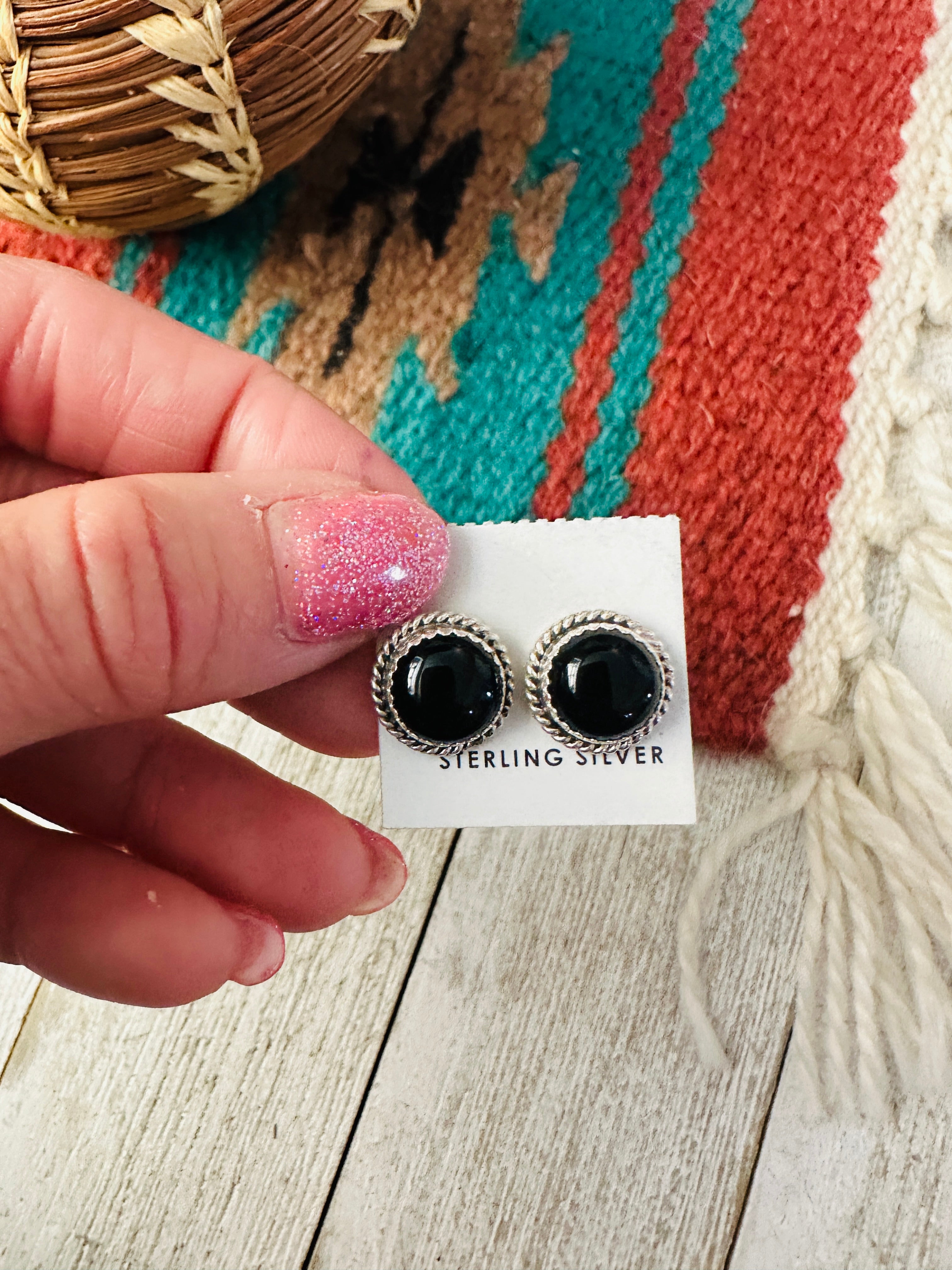 Navajo Onyx and Sterling Silver Stud Earrings