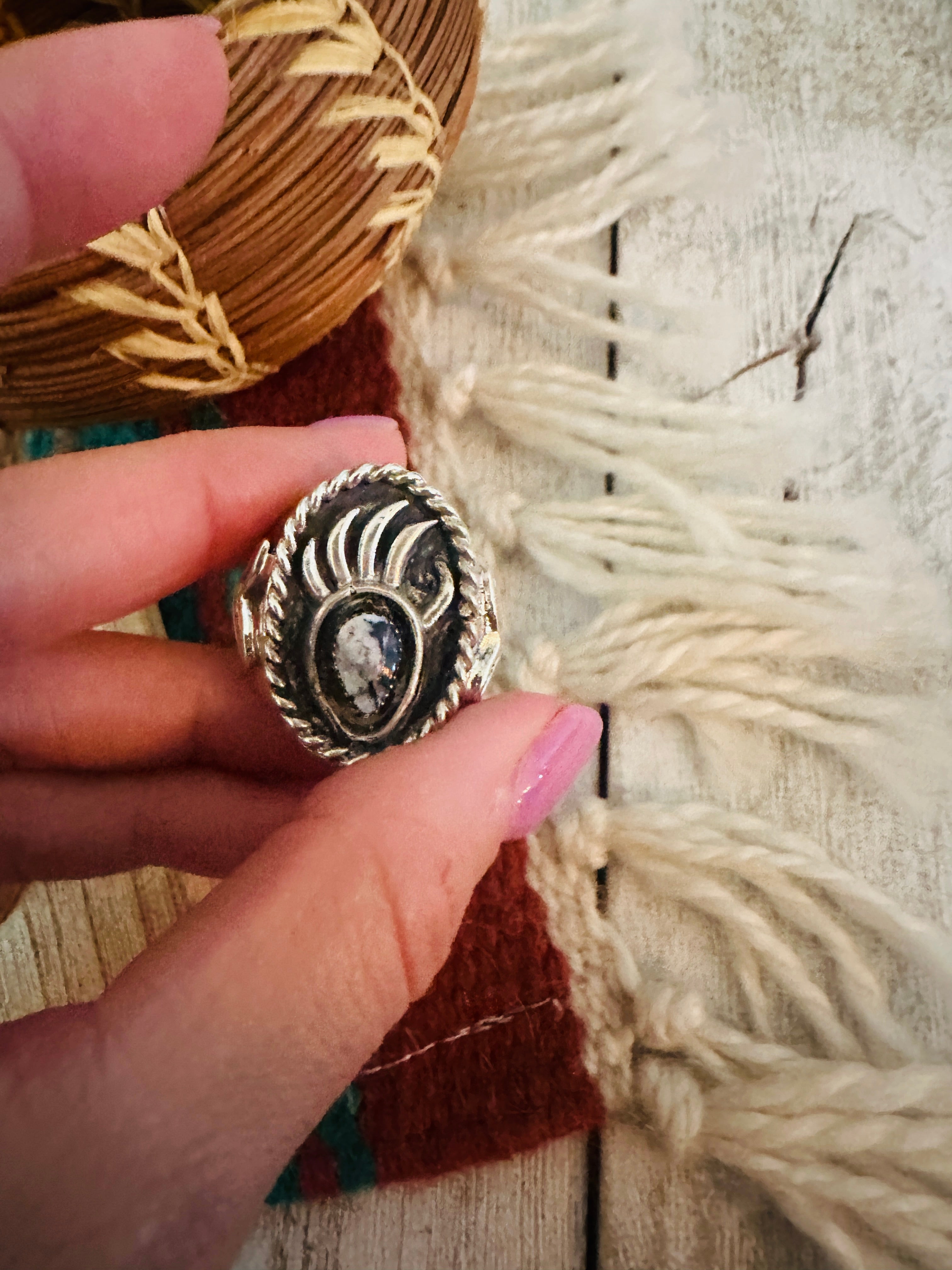 Navajo White Buffalo & Sterling Silver Bear Paw Cigar Band Ring Size 11