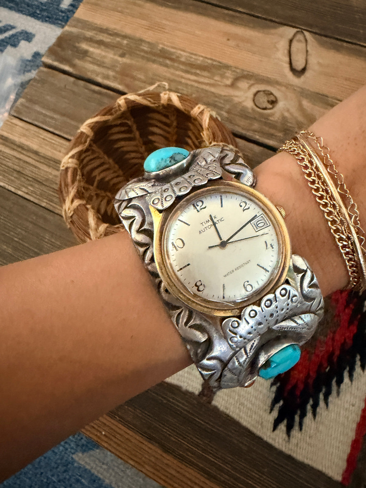 Handcrafted Old Pawn Turquoise, Coral & Sterling Silver Watch Cuff
