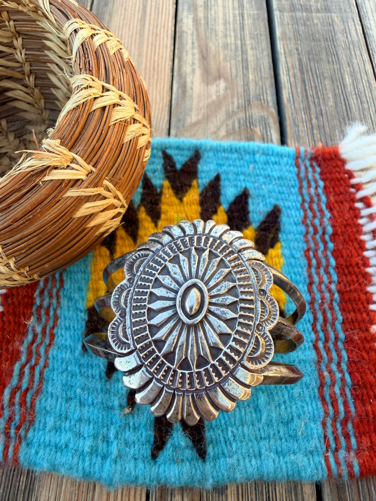 Handcrafted Old Pawn Sterling Silver Concho Cuff Bracelet