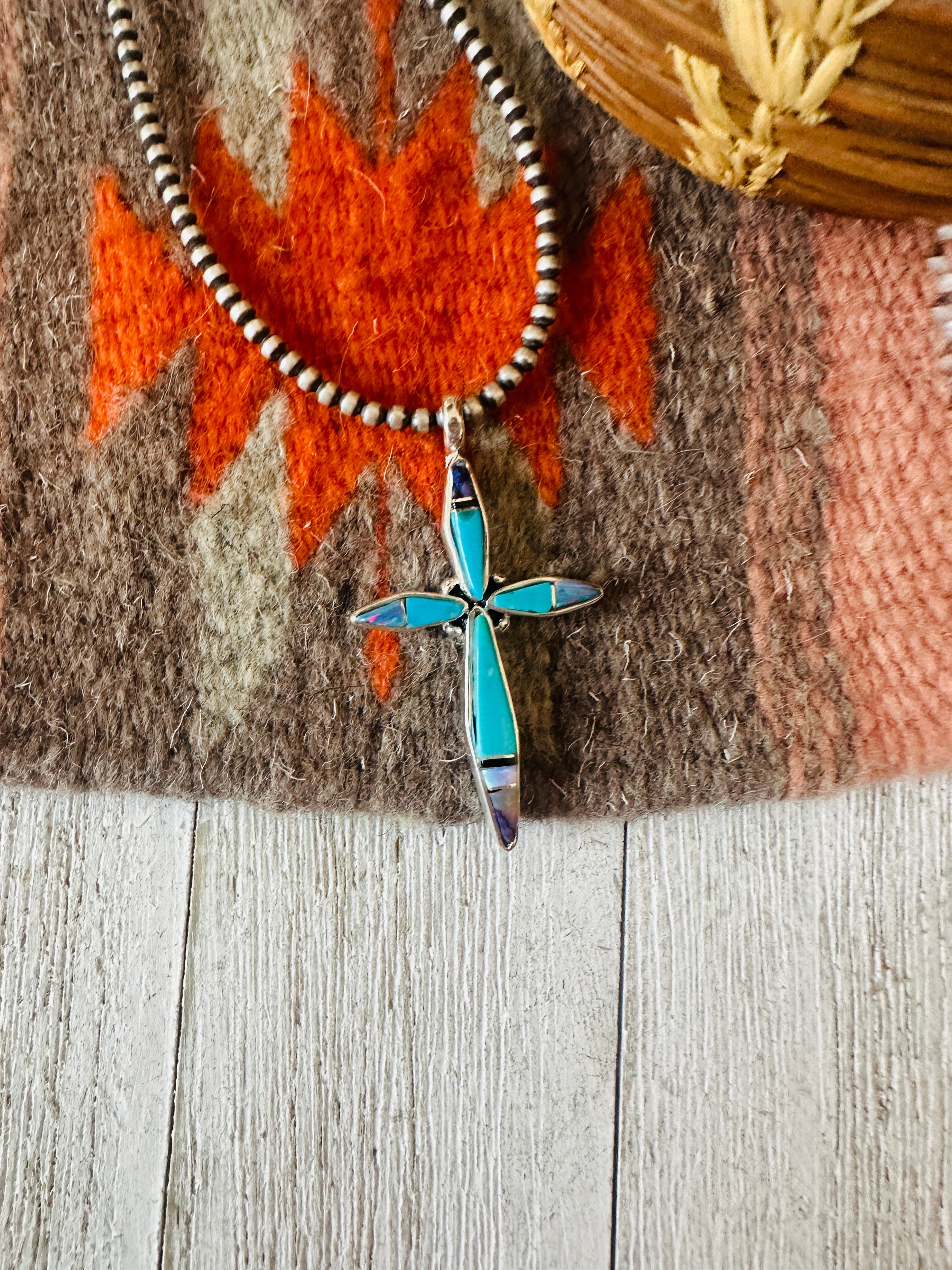 Navajo Multi Stone & Sterling Silver Inlay Cross Pendant