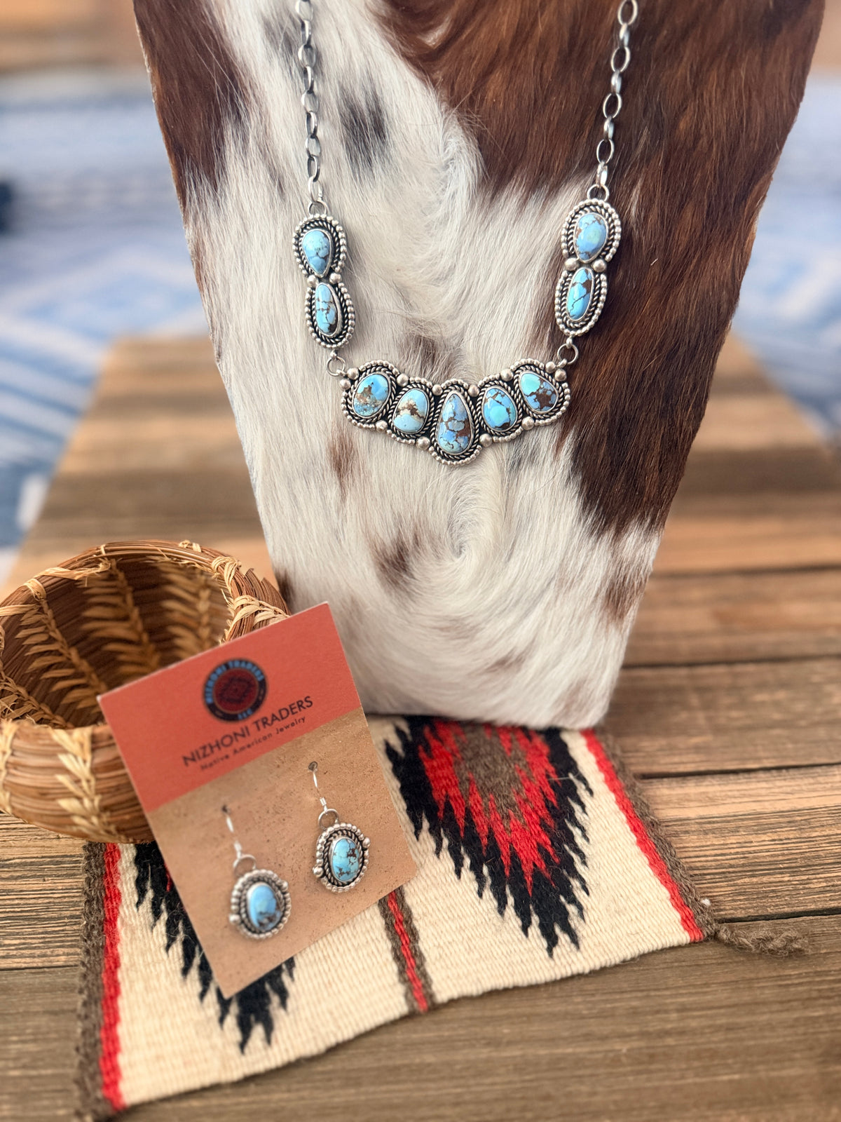 Handcrafted Golden Hills Turquoise & Sterling Silver Necklace and Earring Set by Fred Francis