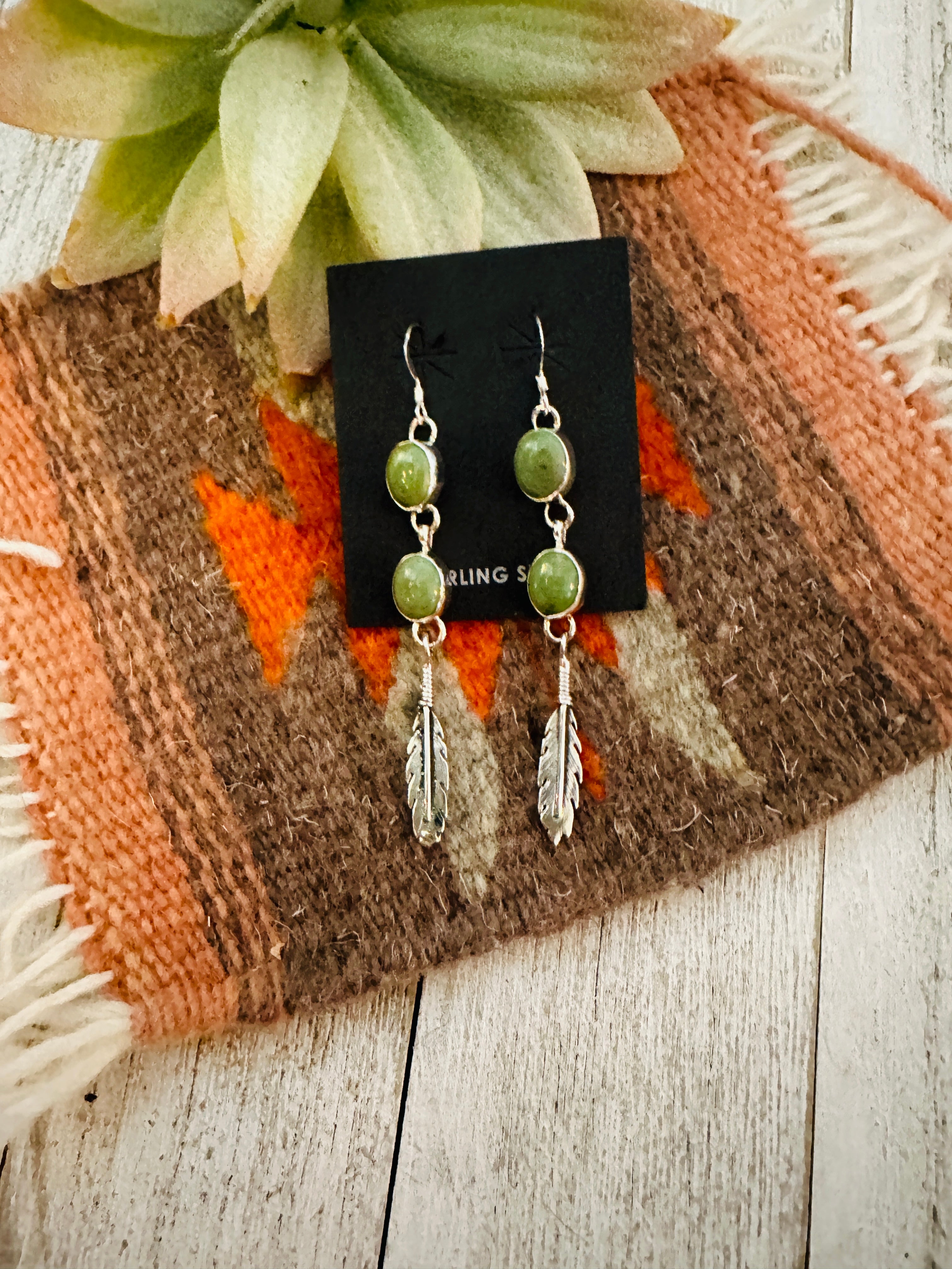 Navajo Turquoise & Sterling Silver Feather Dangle Earrings