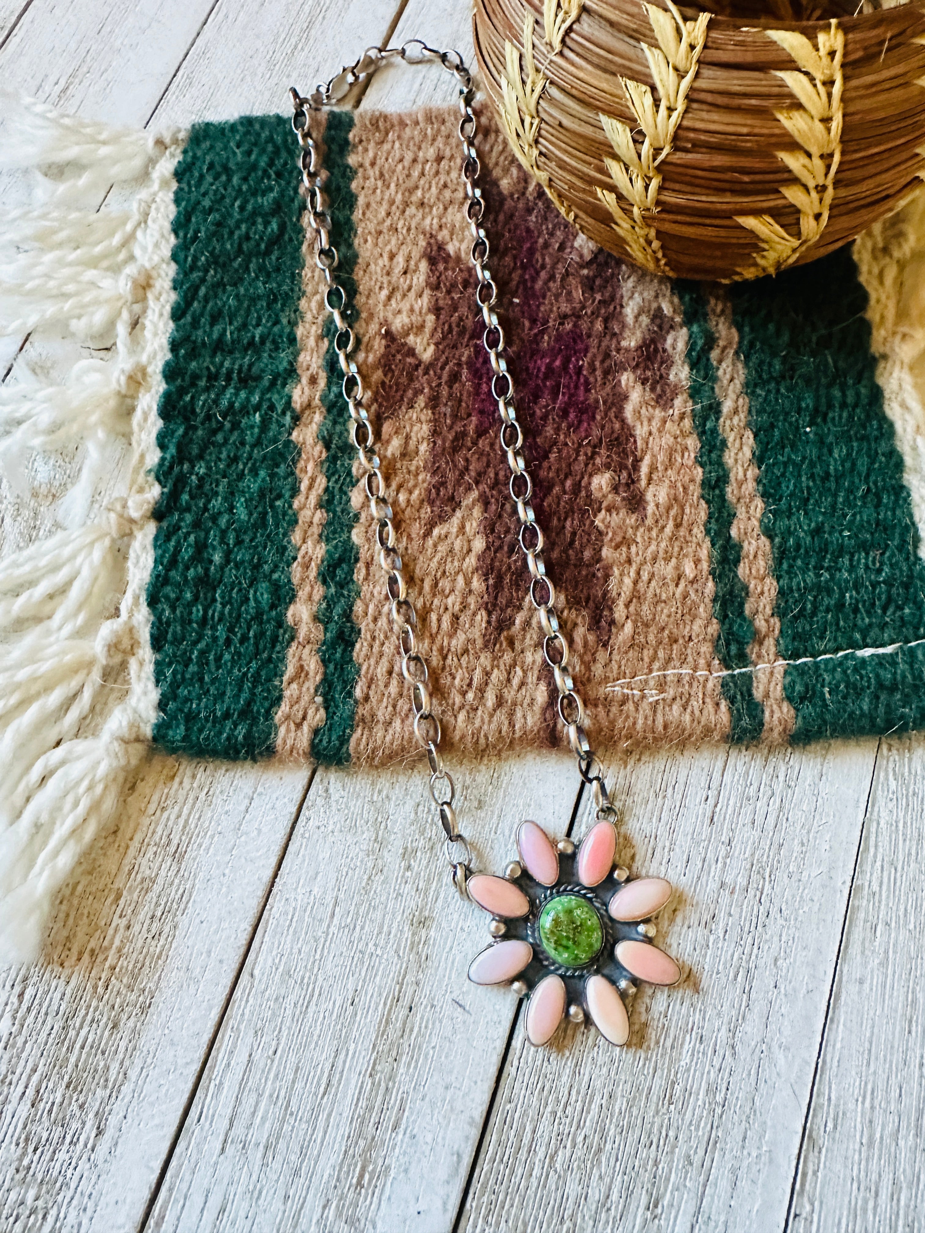 Navajo Sterling Silver, Queen Pink Conch Shell & Turquoise Necklace