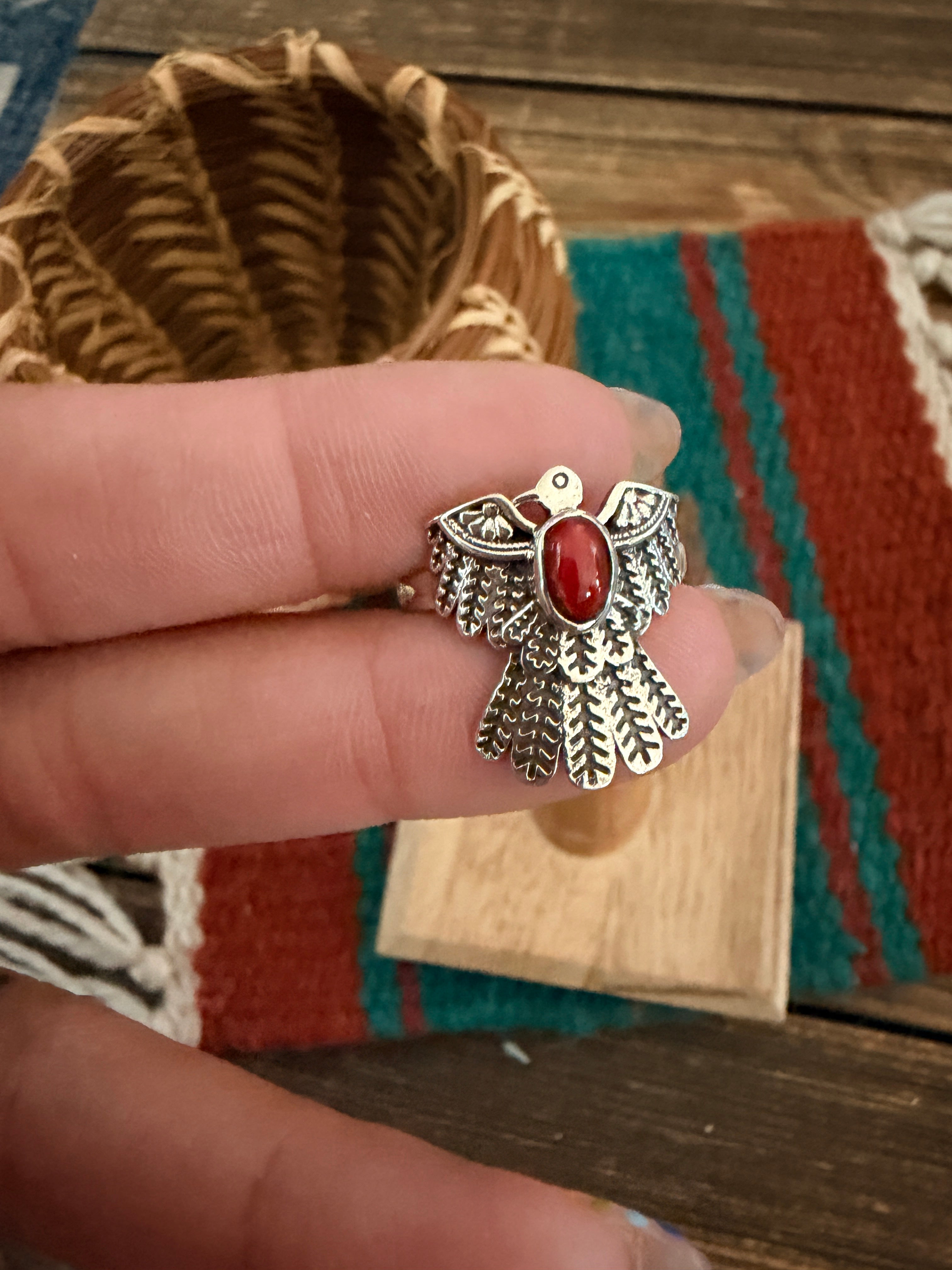 Handmade Sterling Silver and Coral Thunderbird Adjustable Ring "Signed Nizhoni"