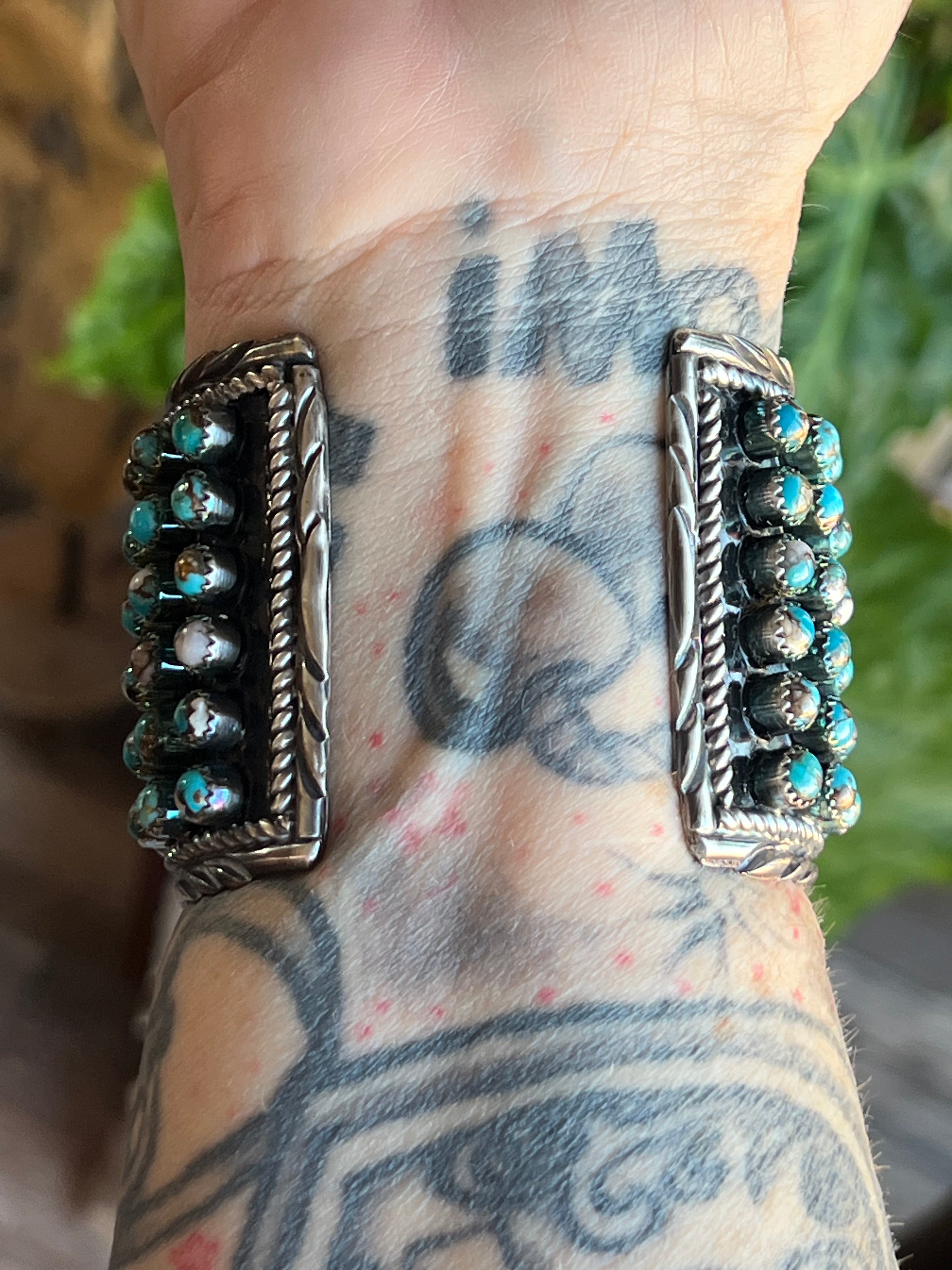 Handcrafted Sterling Silver and Blue Mohave Snake Eye Style Six Row Cuff Bracelet, Signed BJ