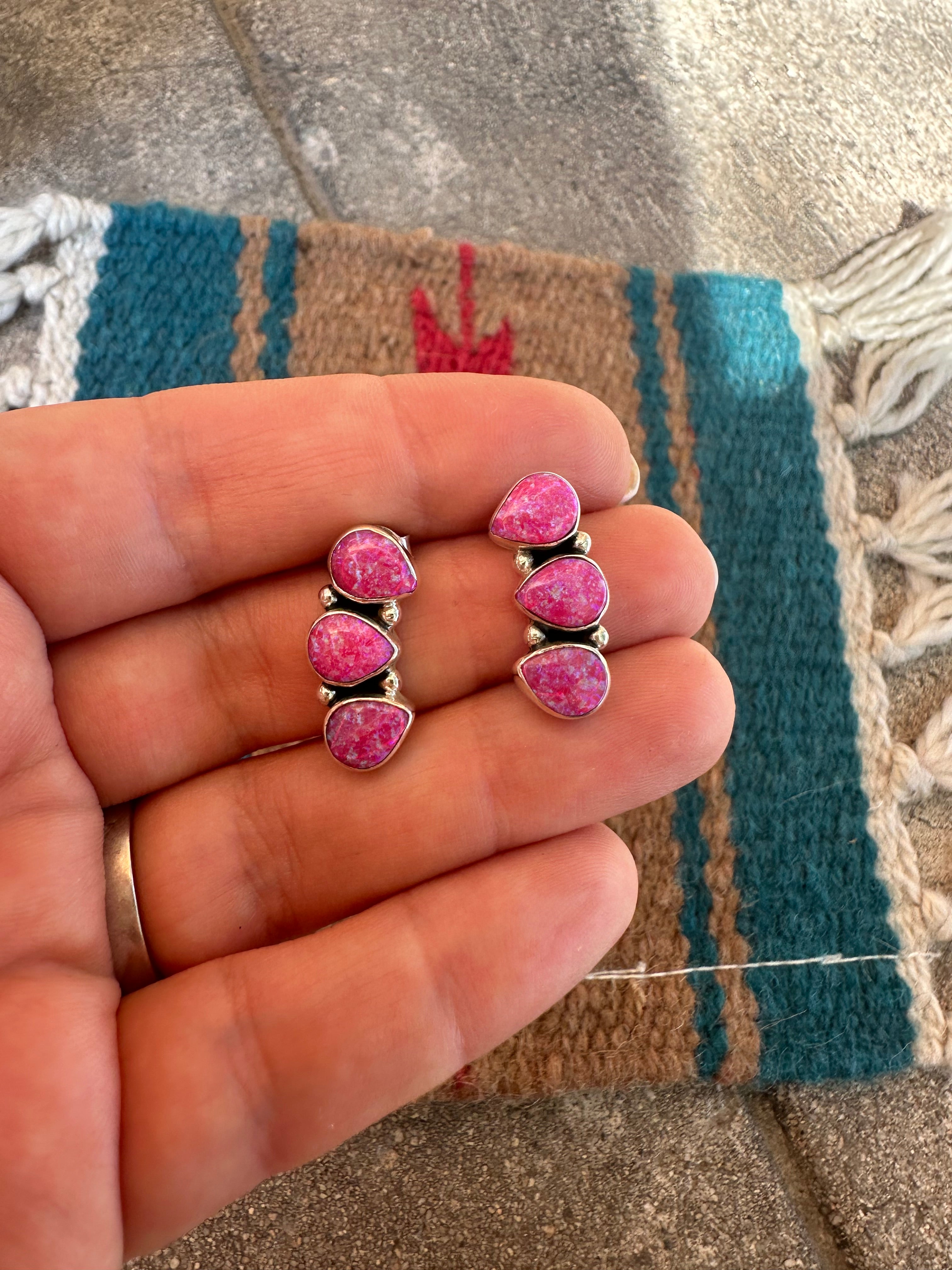 Handmade Hot Pink Fire Opal and Sterling Silver 3 Stone Post Earrings Signed Nizhoni