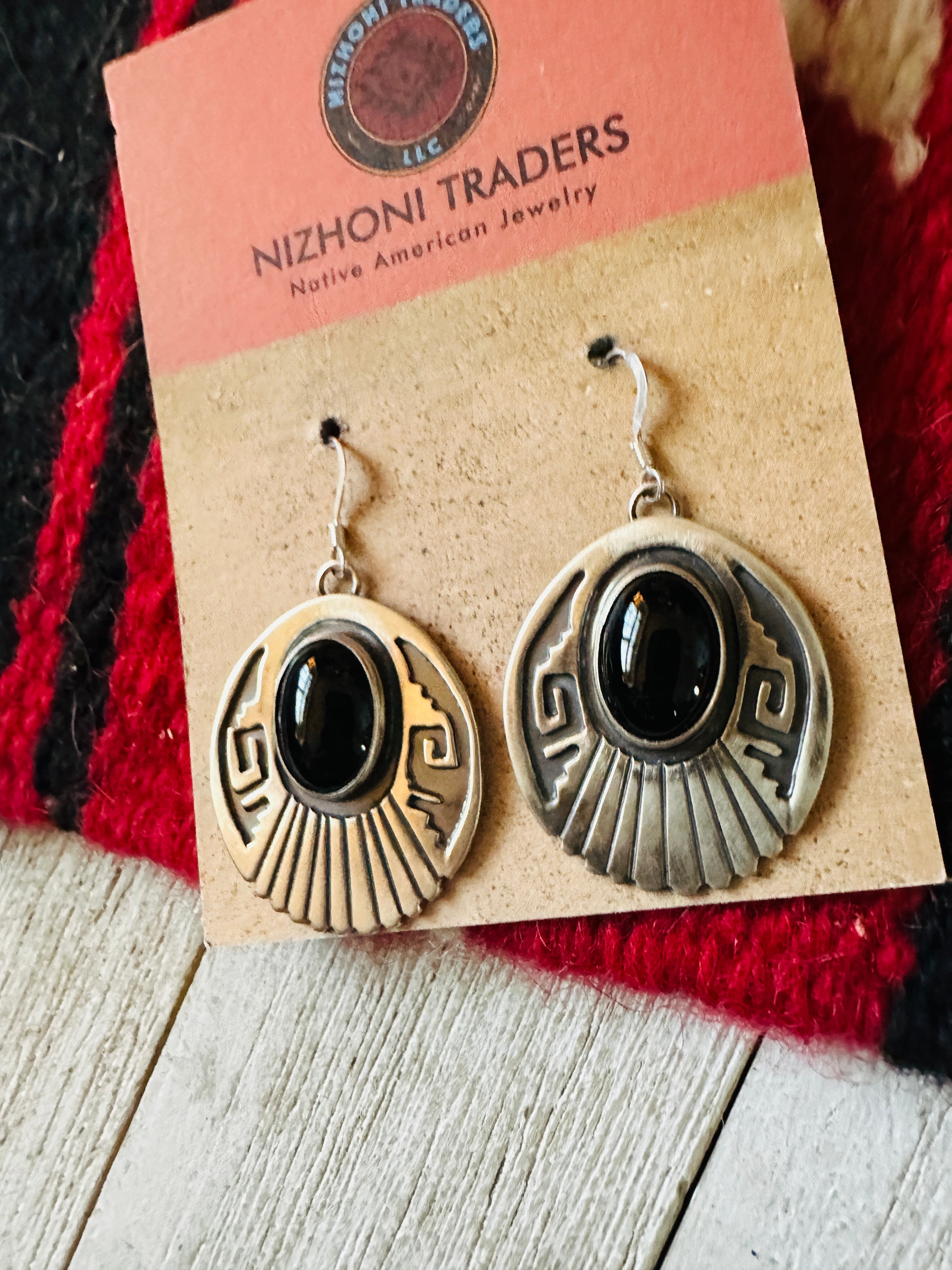 Navajo Onyx & Sterling Silver Dangle Earrings