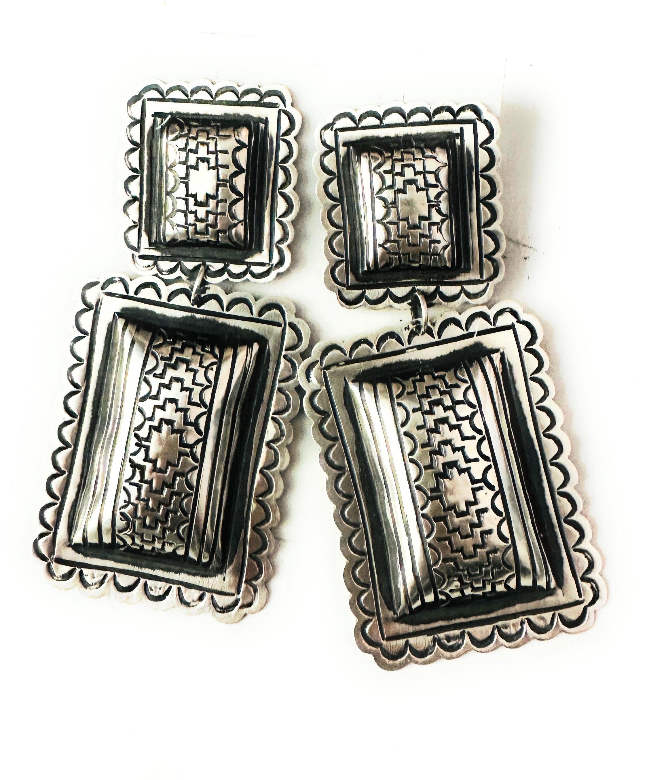 Navajo Hand Stamped Sterling Silver Concho Dangle Earrings by Leander Tahe