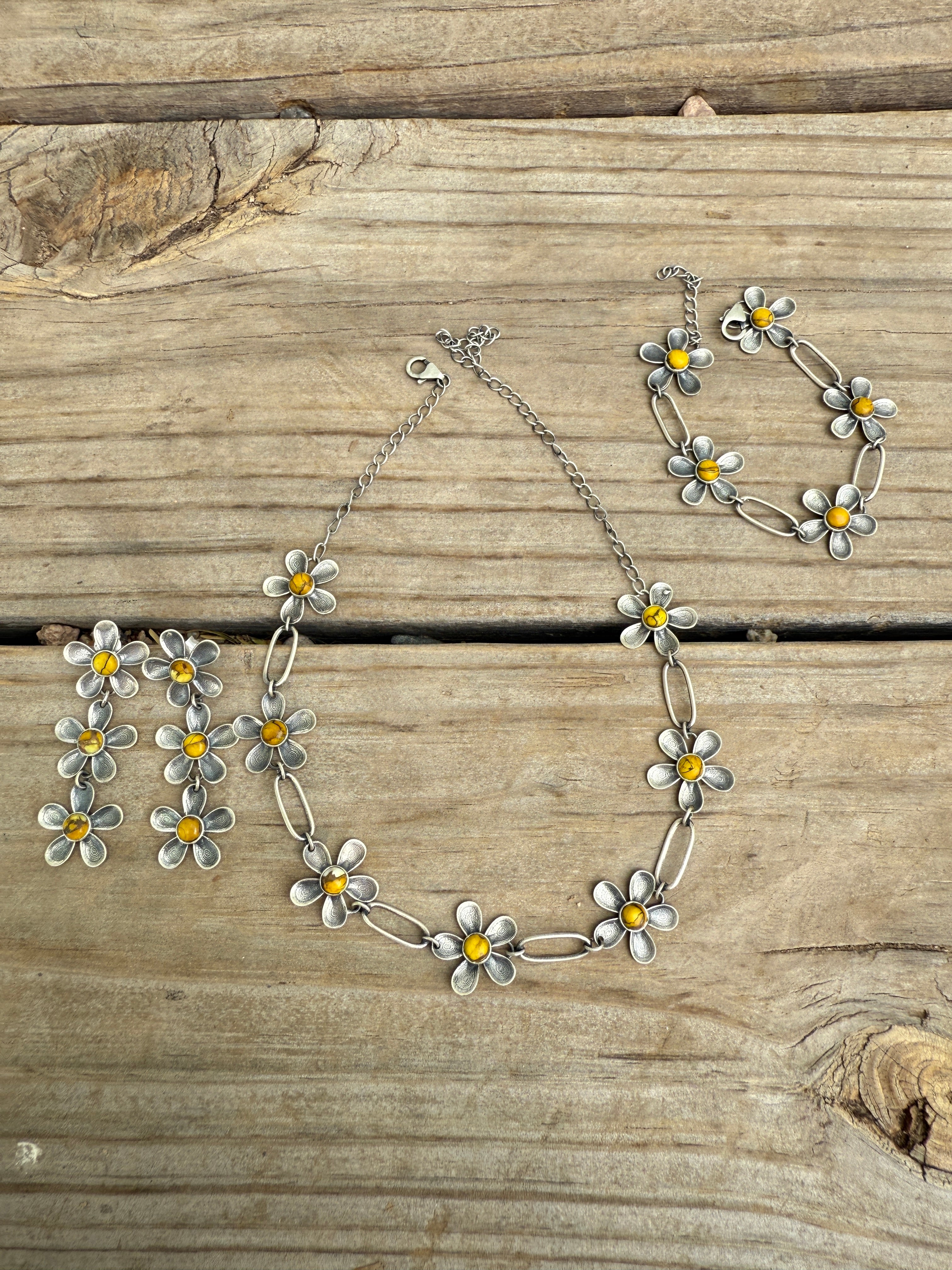 Handmade Sterling Silver Daisy Necklace Earrings & Bracelet Set Signed Nizhoni