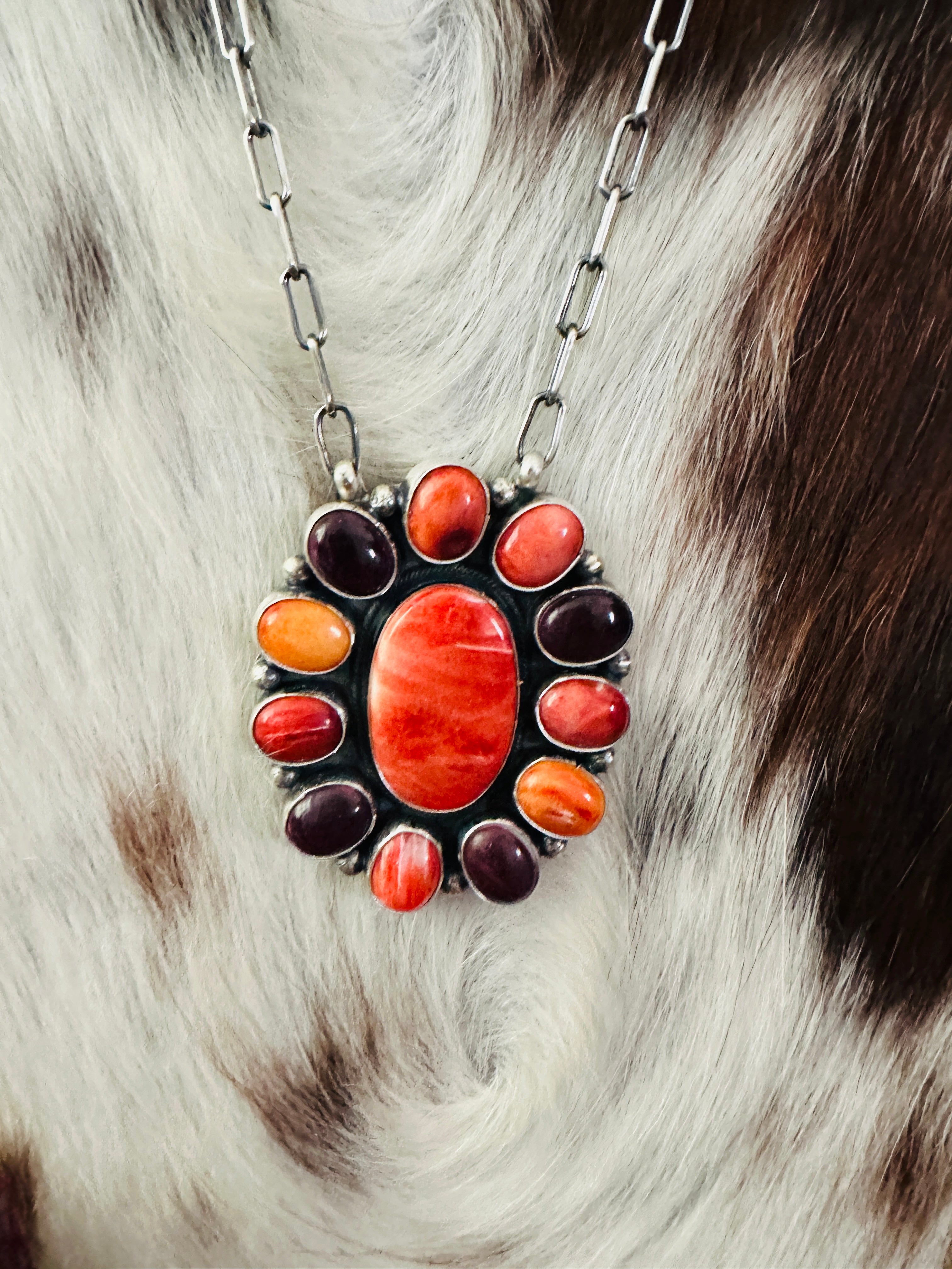 Handcrafted Multicolor Spiny Oyster & Sterling Silver Cluster Necklace by Sheila Becenti