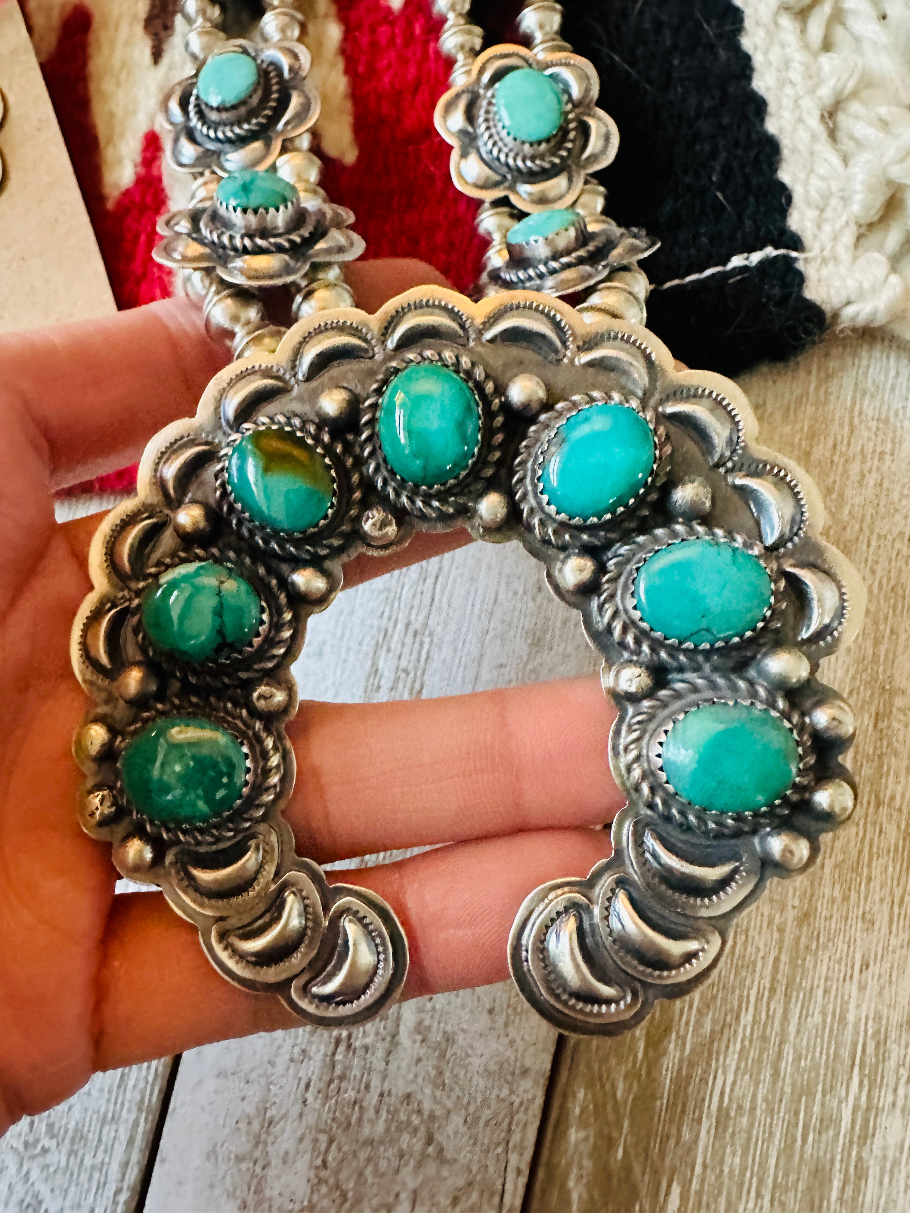 Vintage Old Pawn Navajo Turquoise & Sterling Silver Beaded Squash Blossom Necklace Set