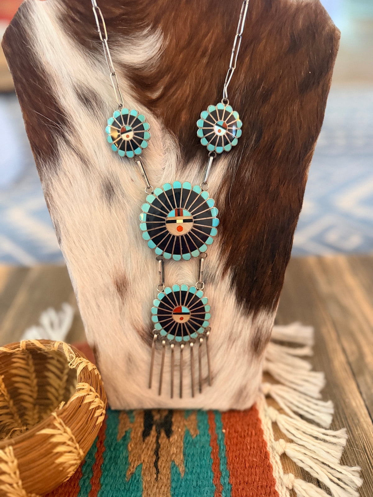 Old Pawn Handcrafted Sterling Silver and Multi Stone Inlay Sun Face Necklace