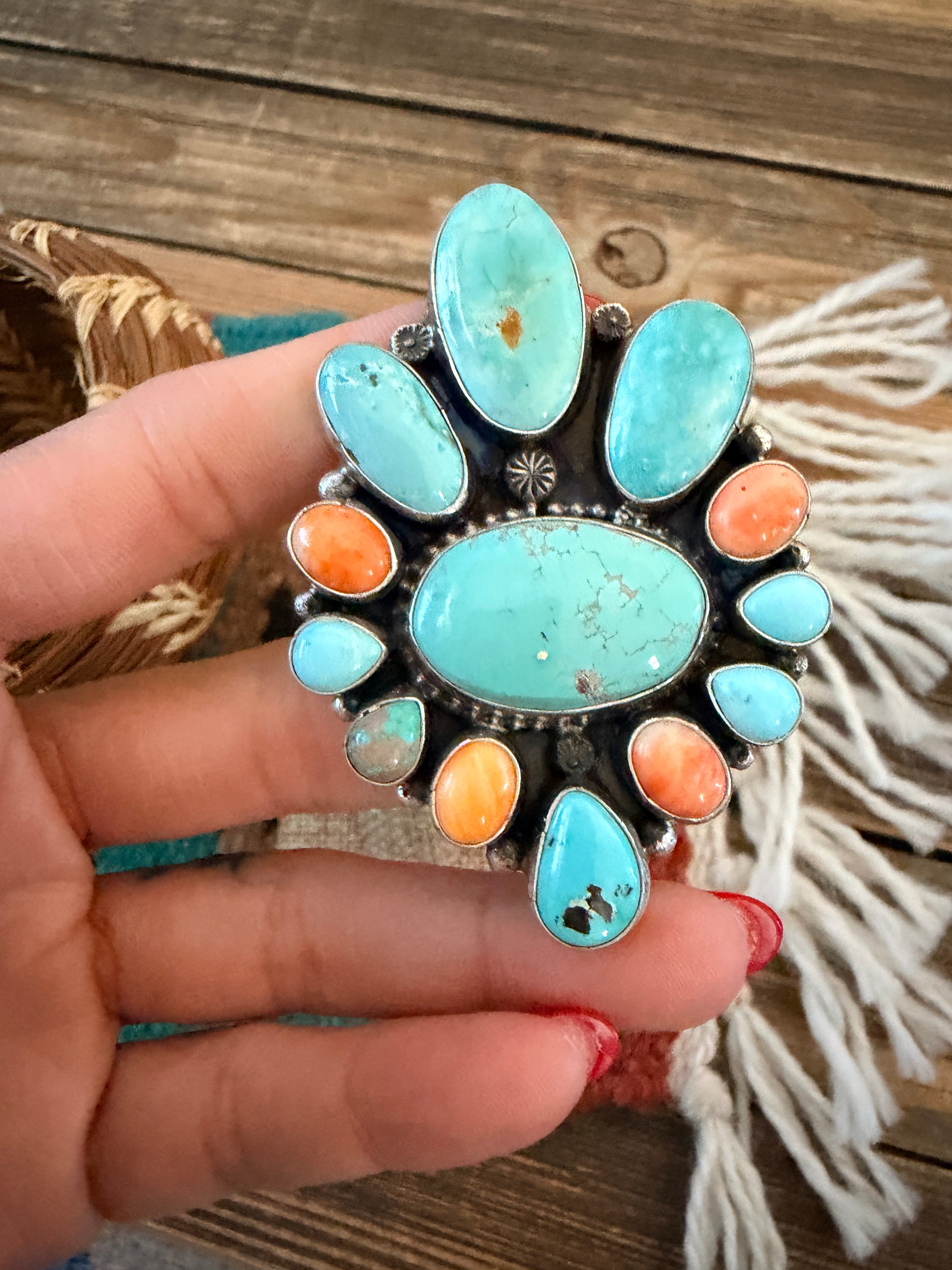 Handcrafted Spiny Oyster, Turquoise & Sterling Silver Cluster Ring by Sheila Becenti Size 6.5