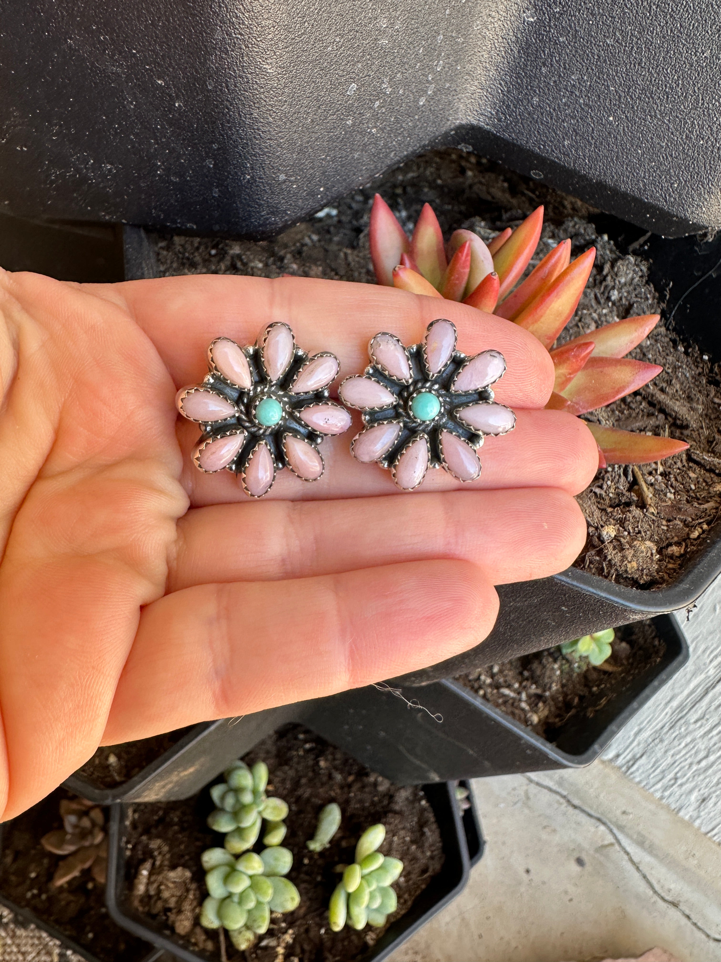 Handmade Flower Sterling Silver, Pink Conch & Turquoise Post Earrings Signed Nizhoni