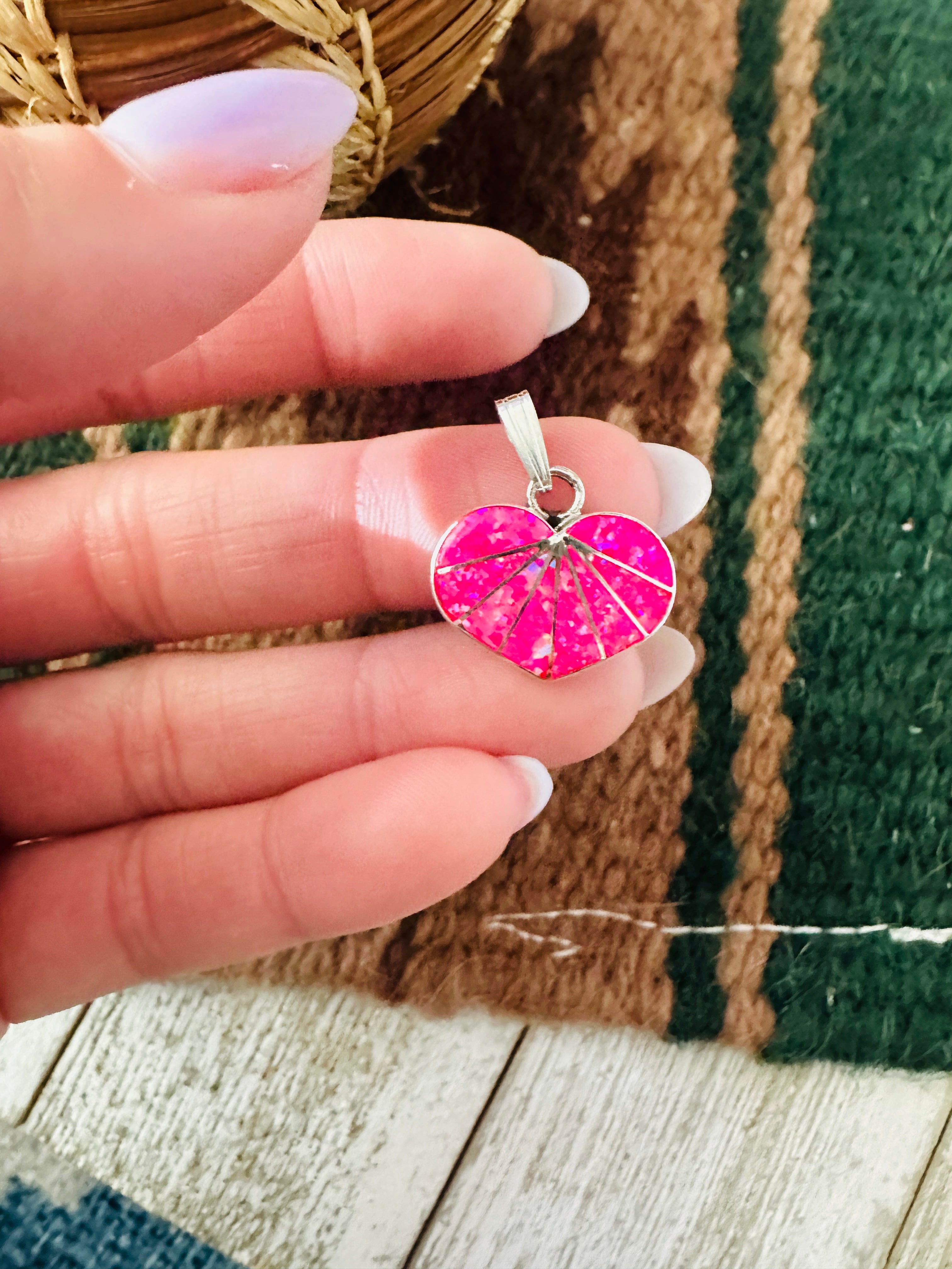 Handcrafted Hot Pink Opal & Sterling Silver Inlay Heart Pendant