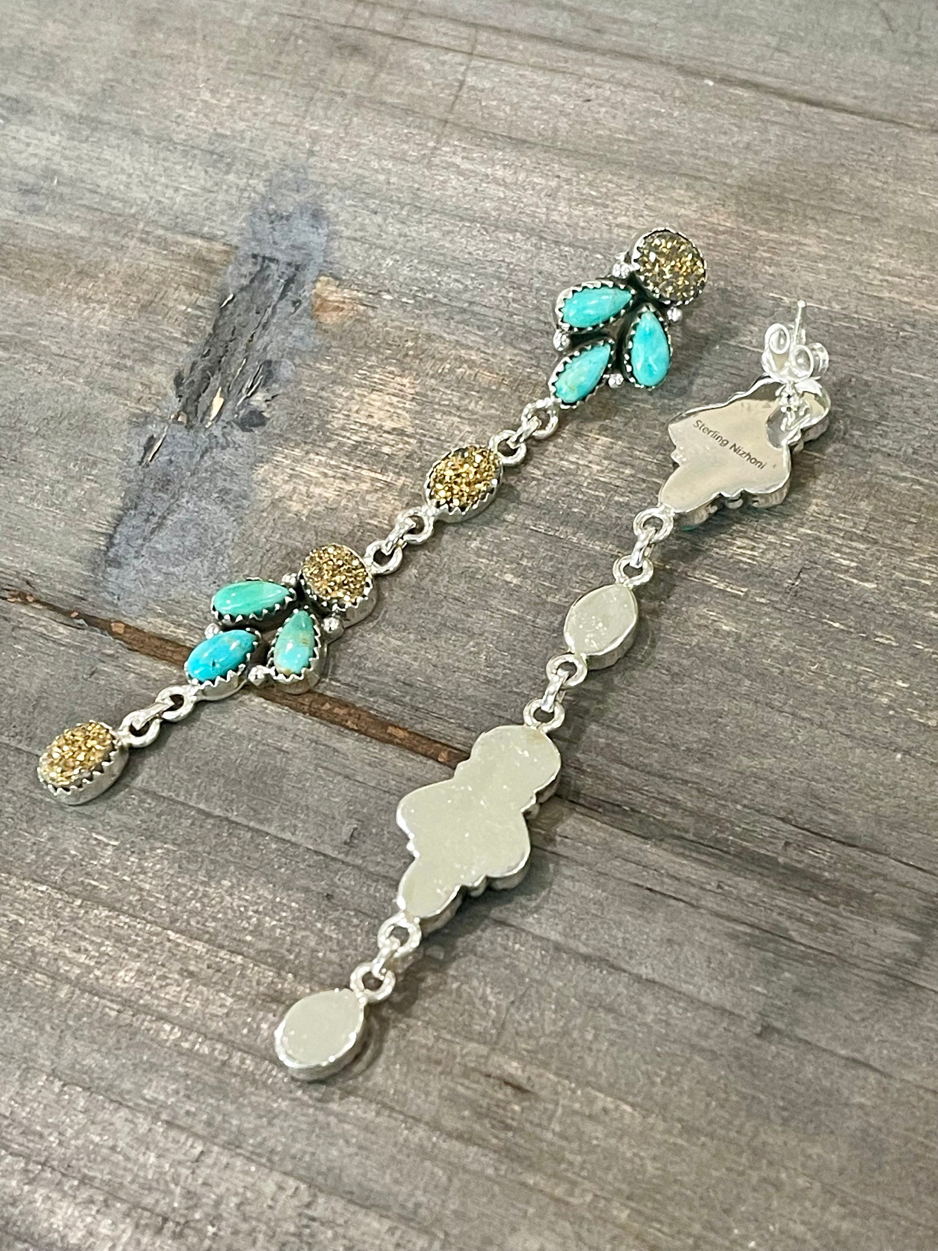 Handmade Sterling Silver Turquoise & Druzy Dangle Earrings