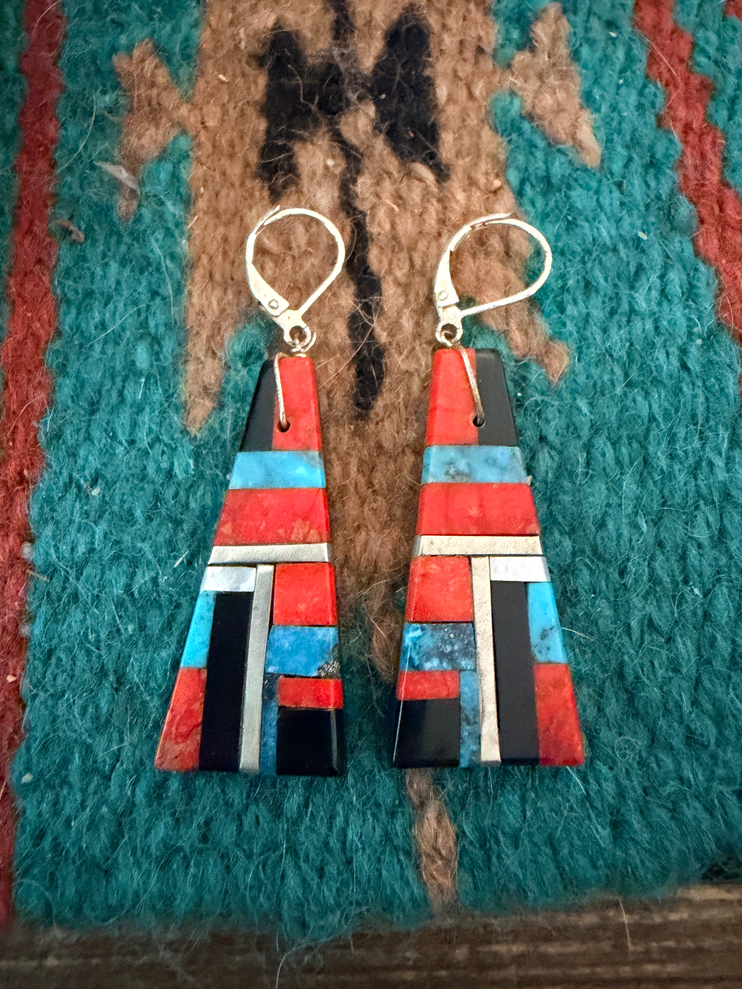 Old Pawn Handcrafted Multi Stone Inlay Dangle Earrings