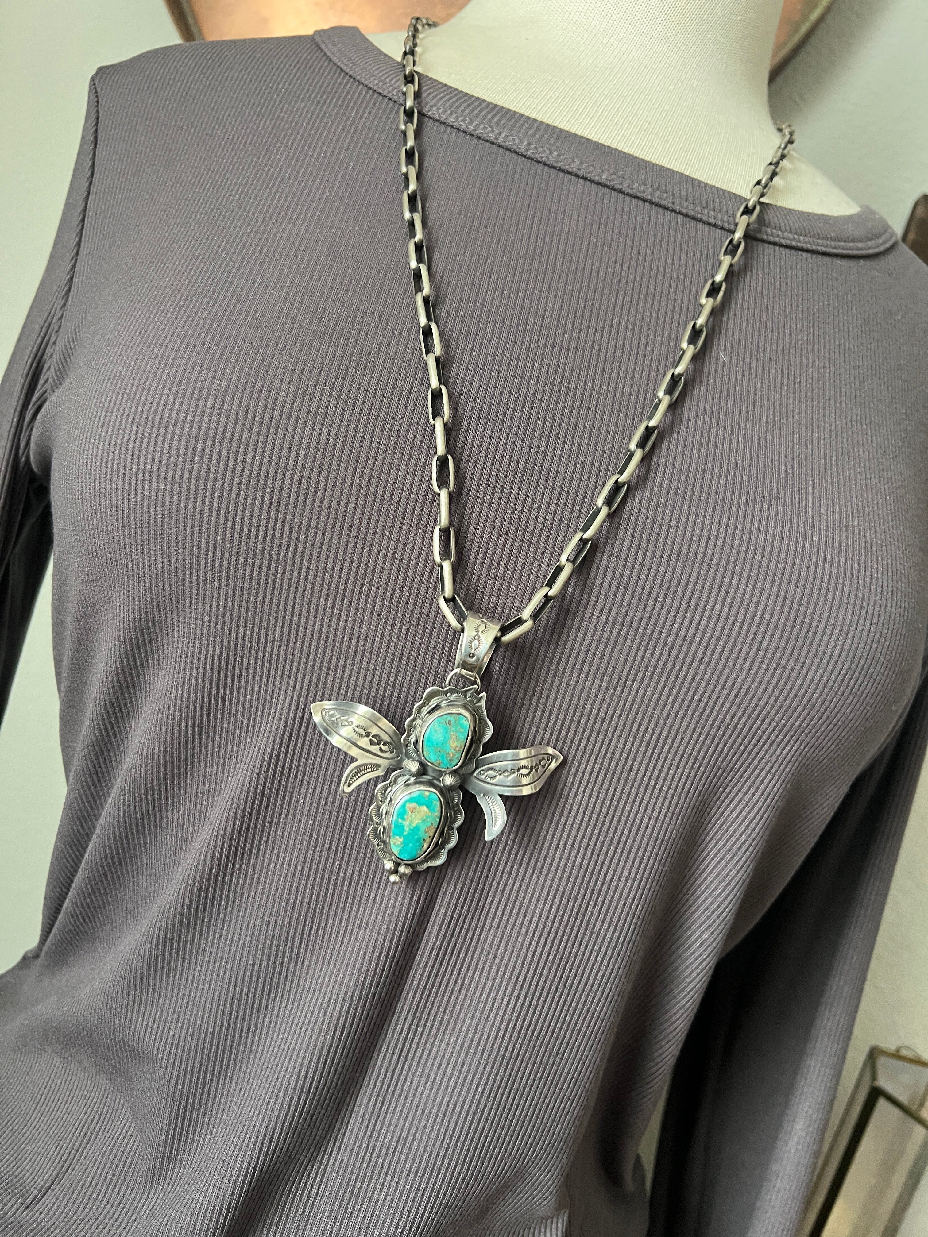 Sterling Silver and Turquoise Winged Bug Pendant by Kimari Somers