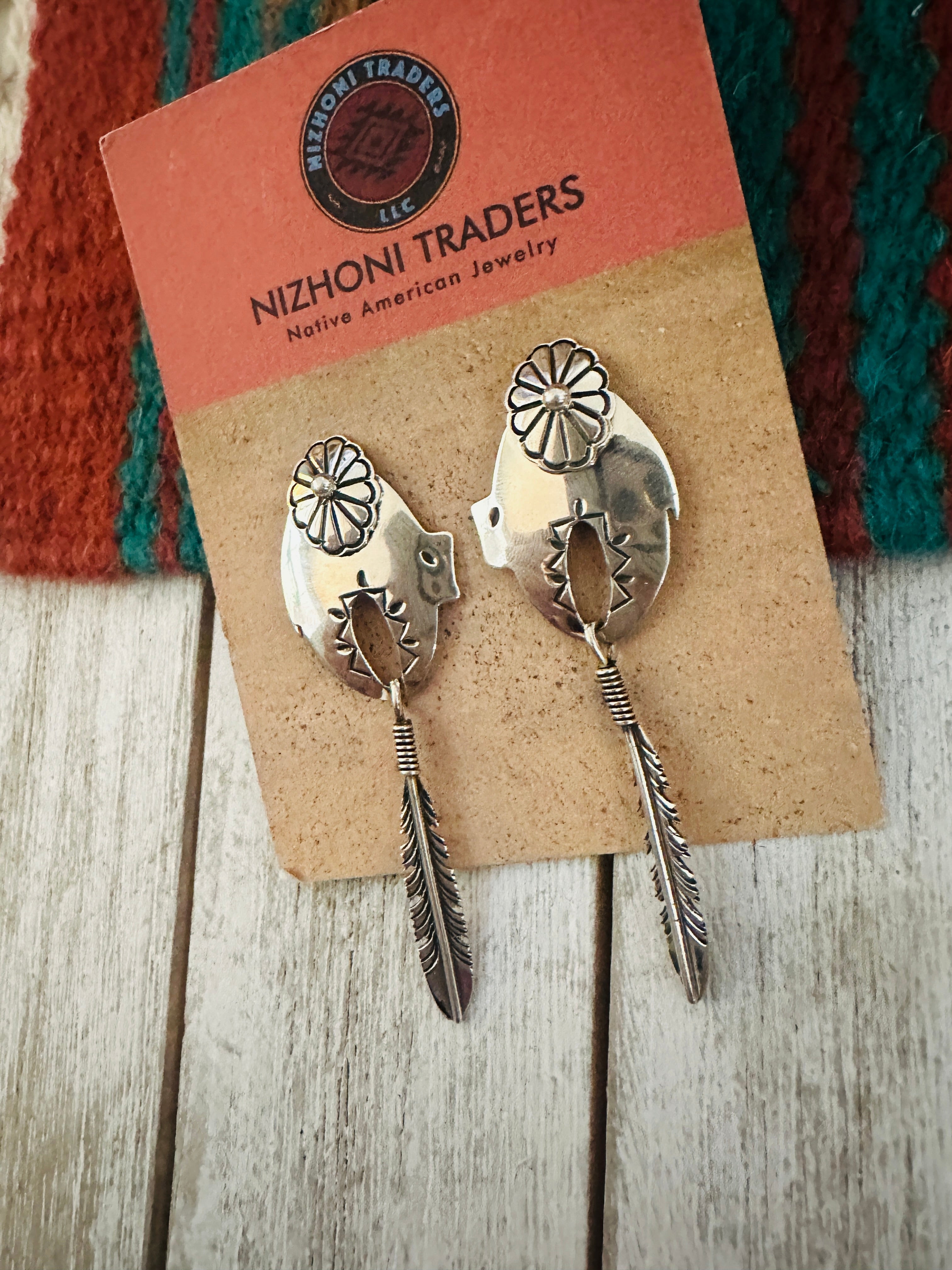 Navajo Concho Sterling Silver Feather Dangle Earrings