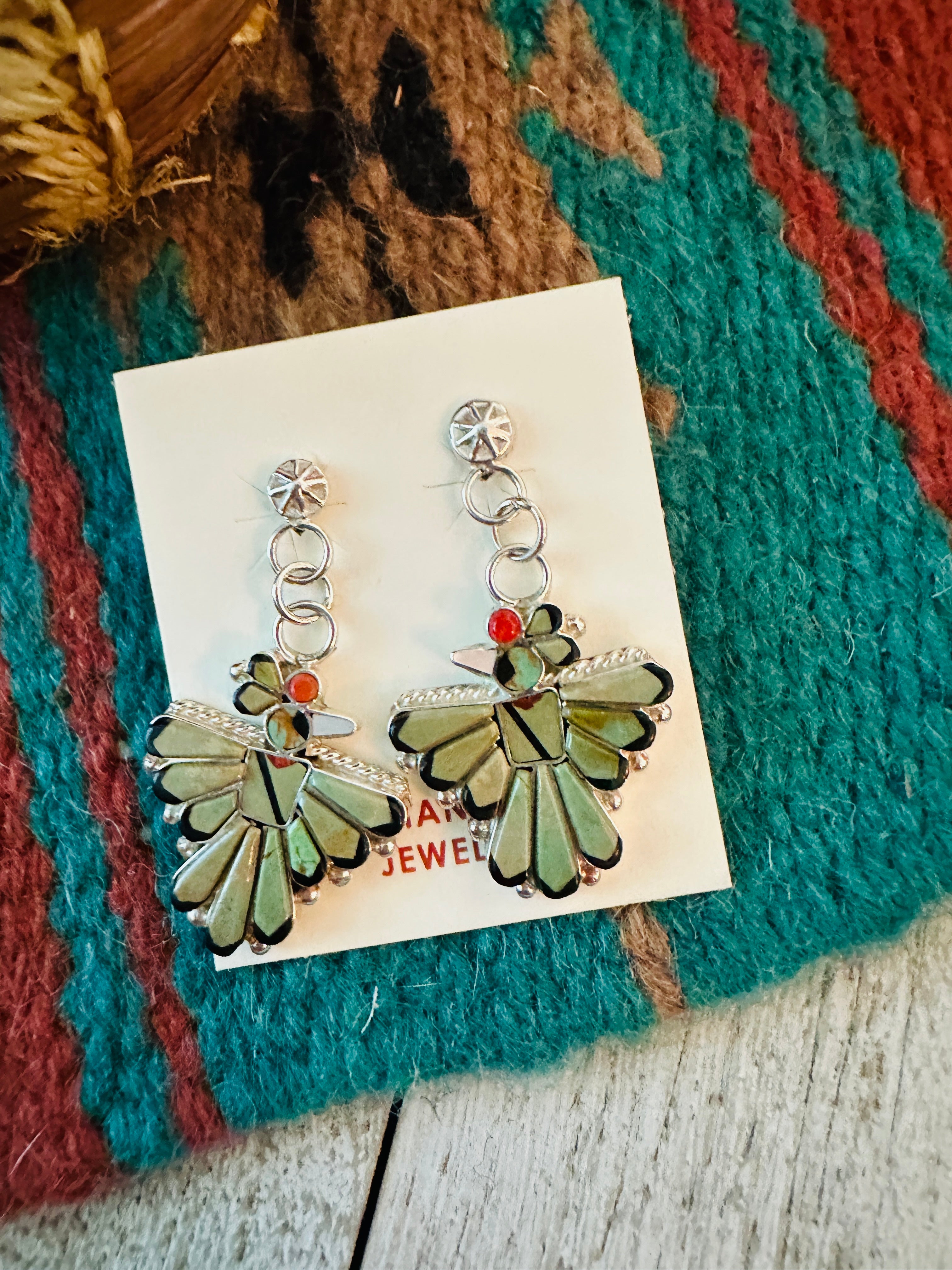 Handcrafted Multi Stone & Sterling Silver Inlay Thunderbird Dangle Earrings