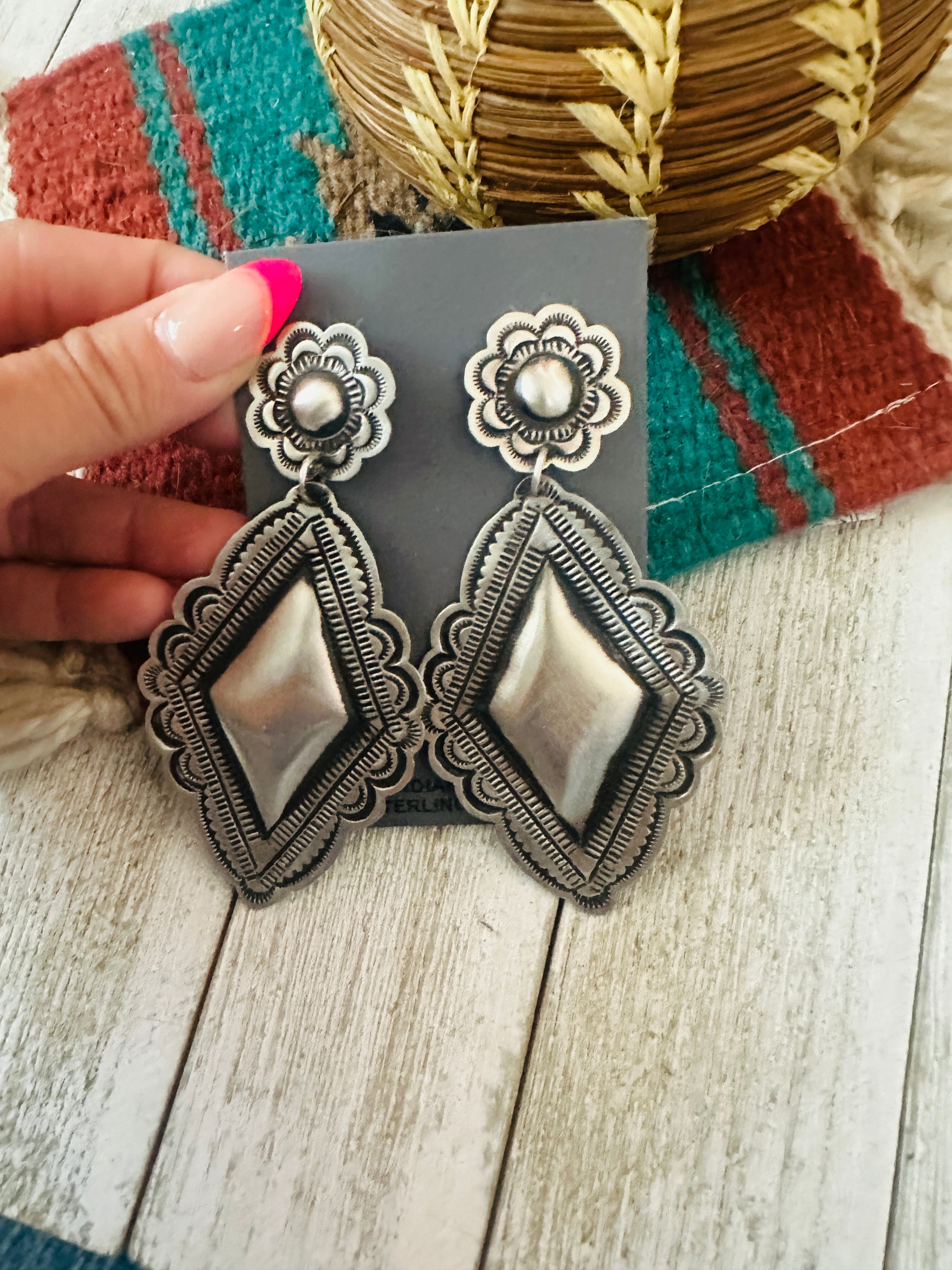 Handcrafted Sterling Silver Concho Dangle Earrings by Leander Tahe