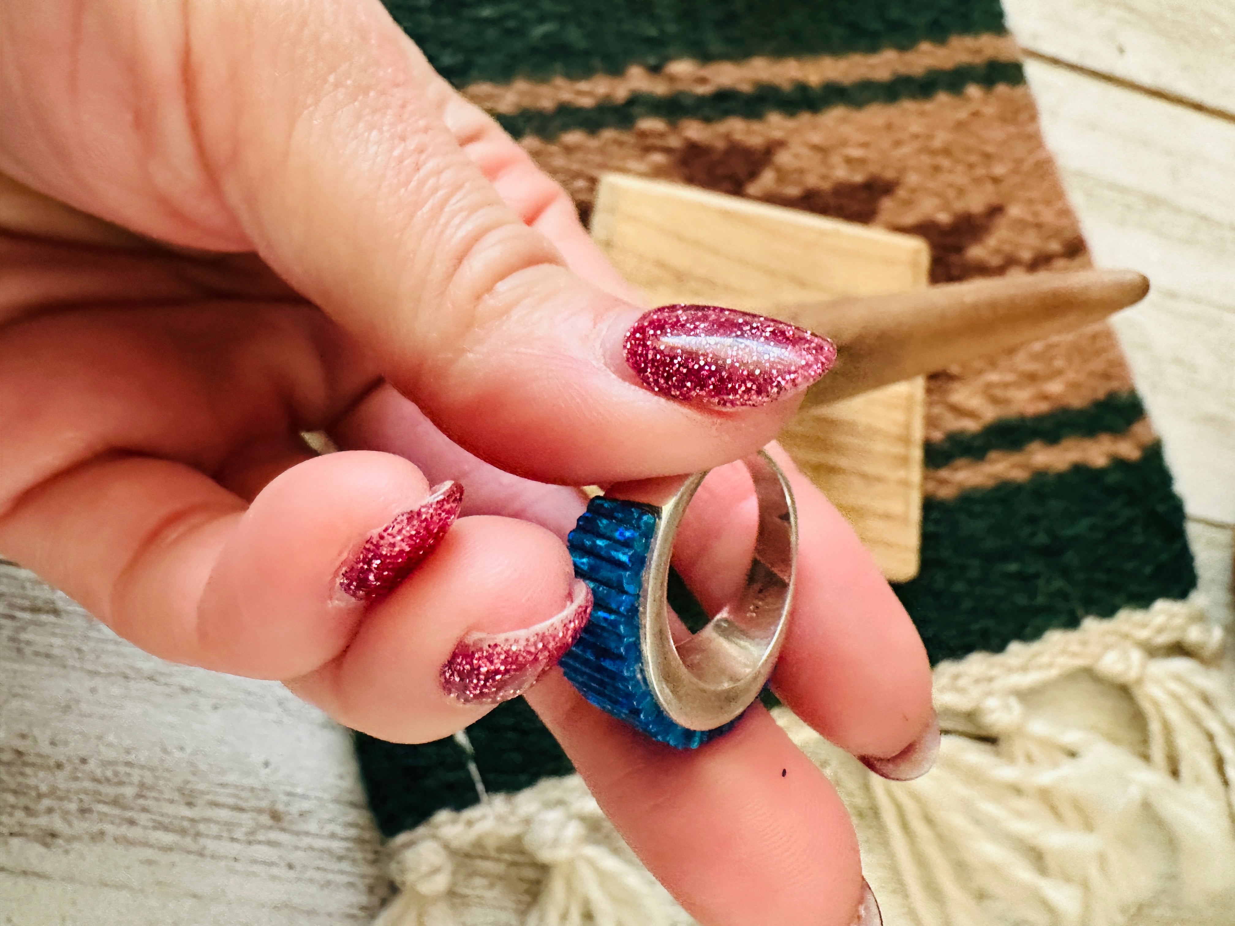 Zuni Sterling Silver & Blue Opal Inlay Ring Size 5.5