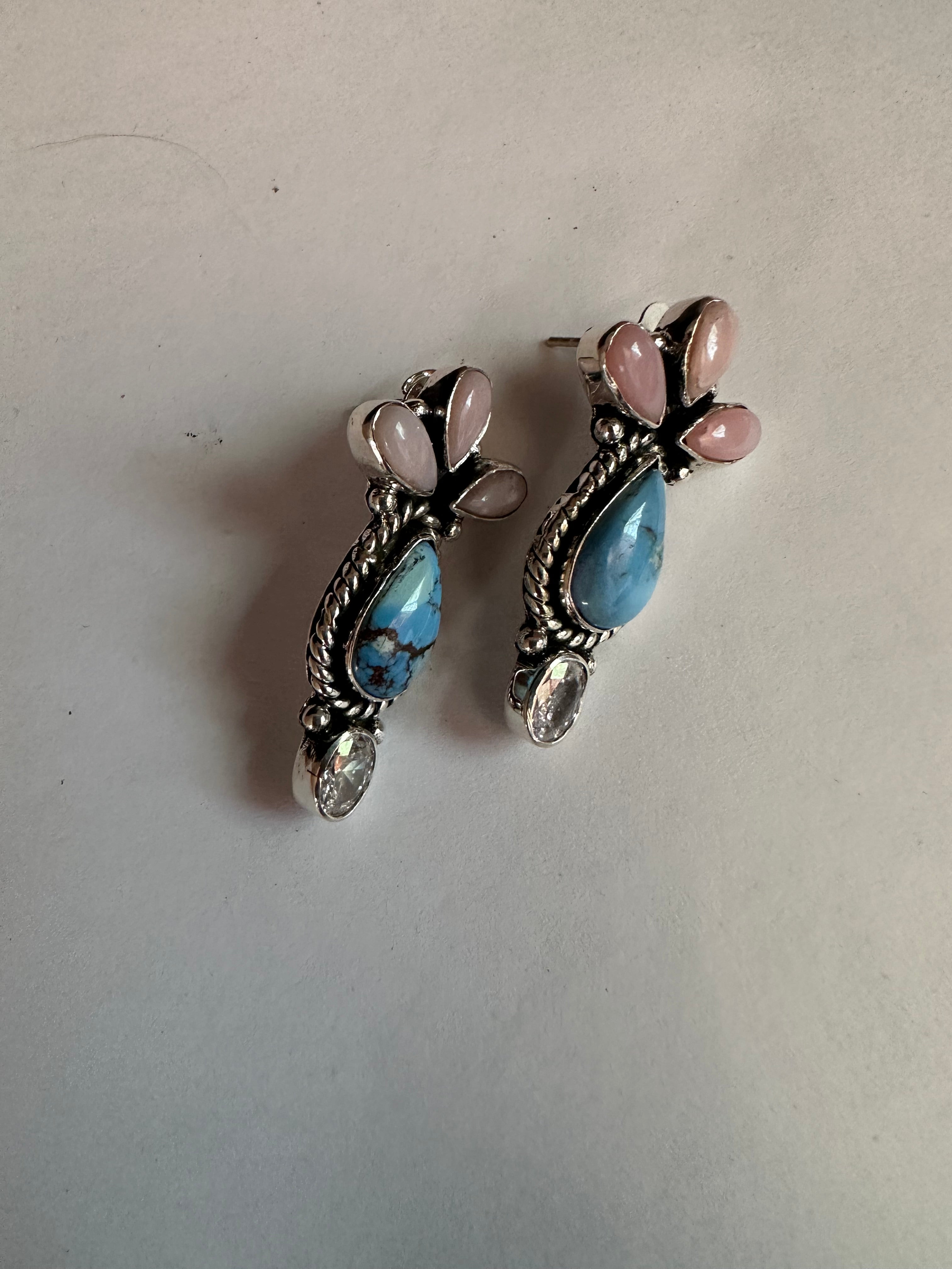 Handmade Natural Golden Hills Turquoise, Pink Conch, CZ and Sterling Silver Earring