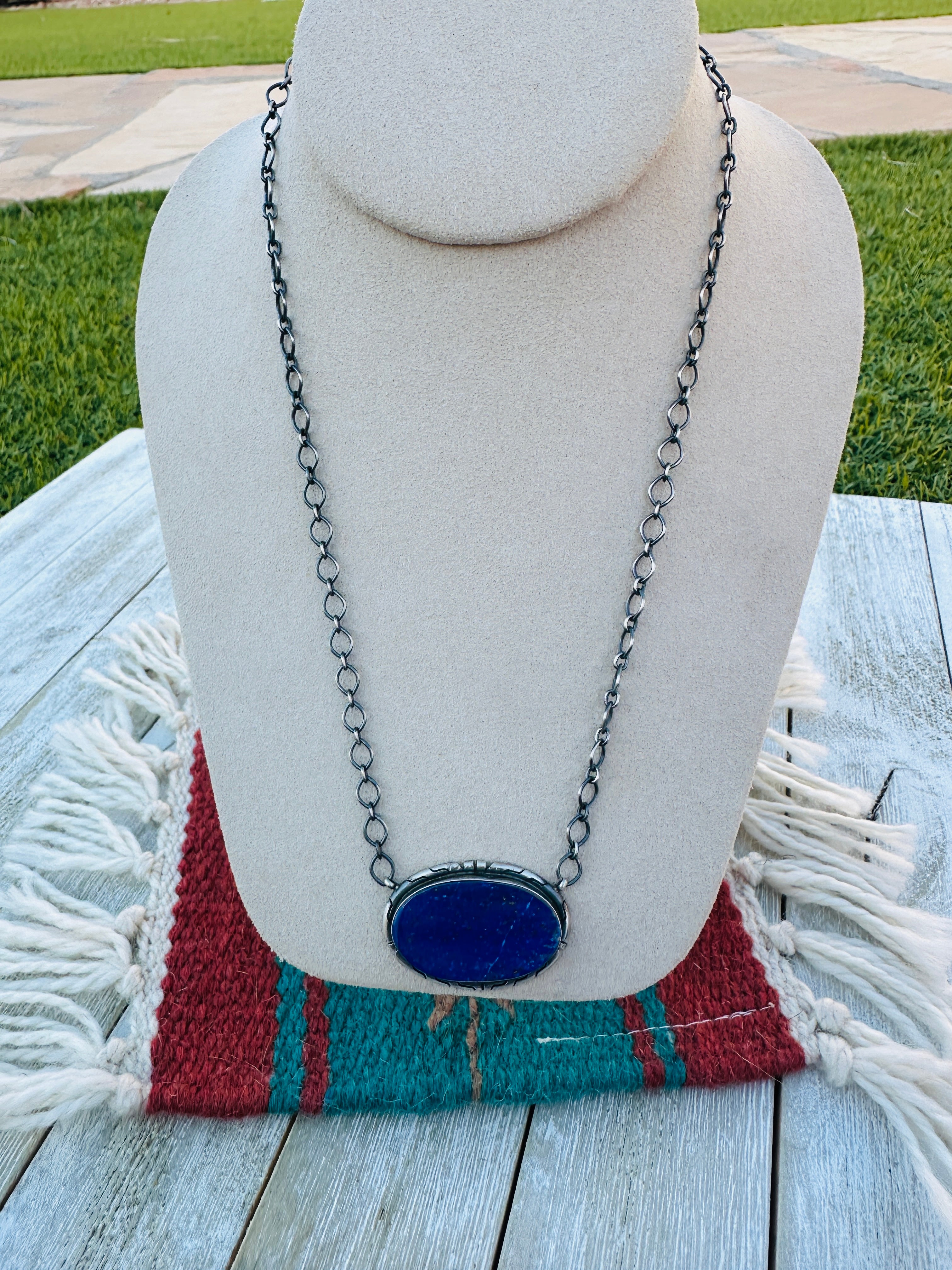 Handcrafted Sterling Silver 18” Link Chain & Lapis Lazuli Necklace