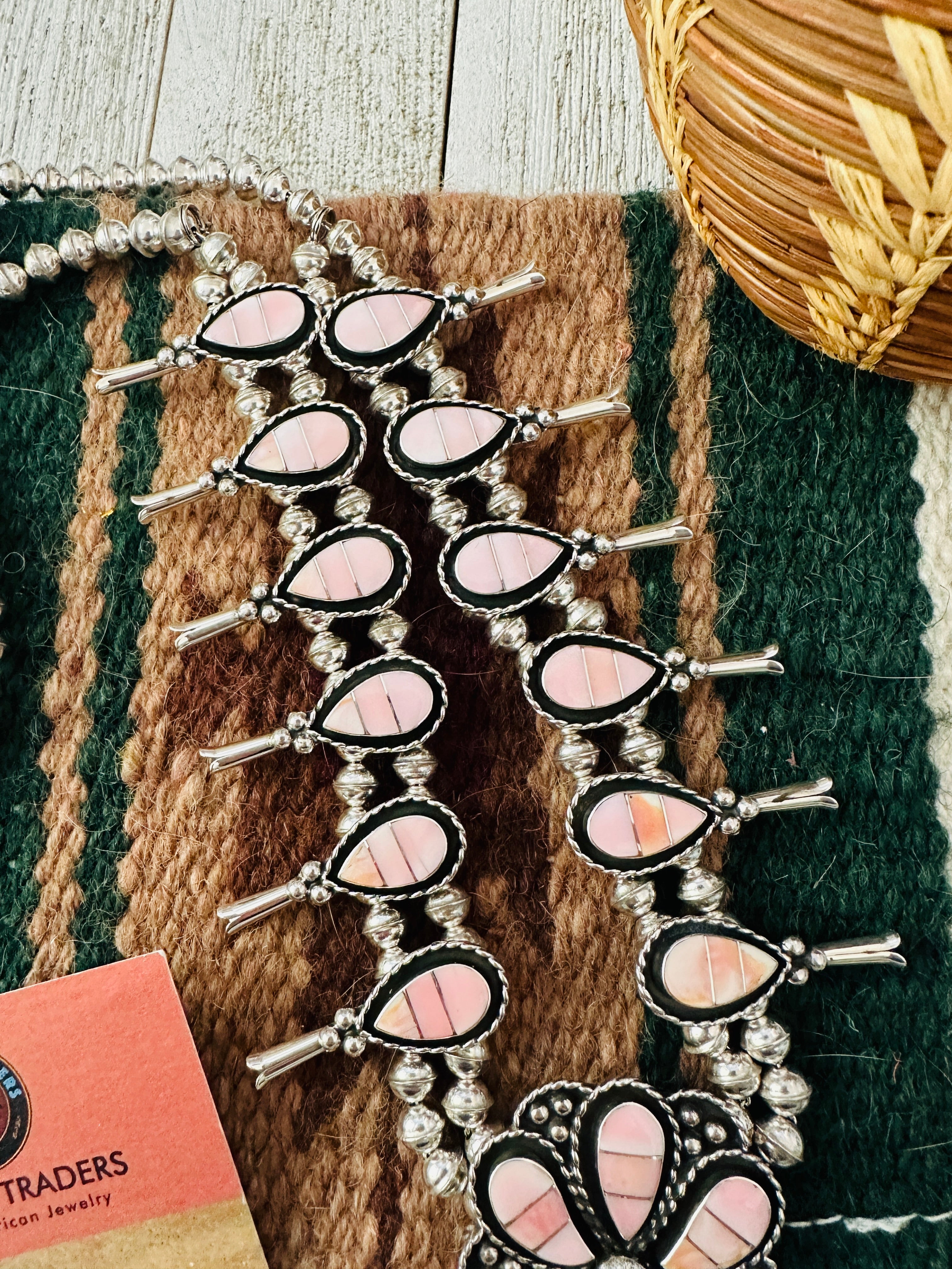 Zuni Sterling Silver & Queen Pink Conch Squash Blossom Necklace Set