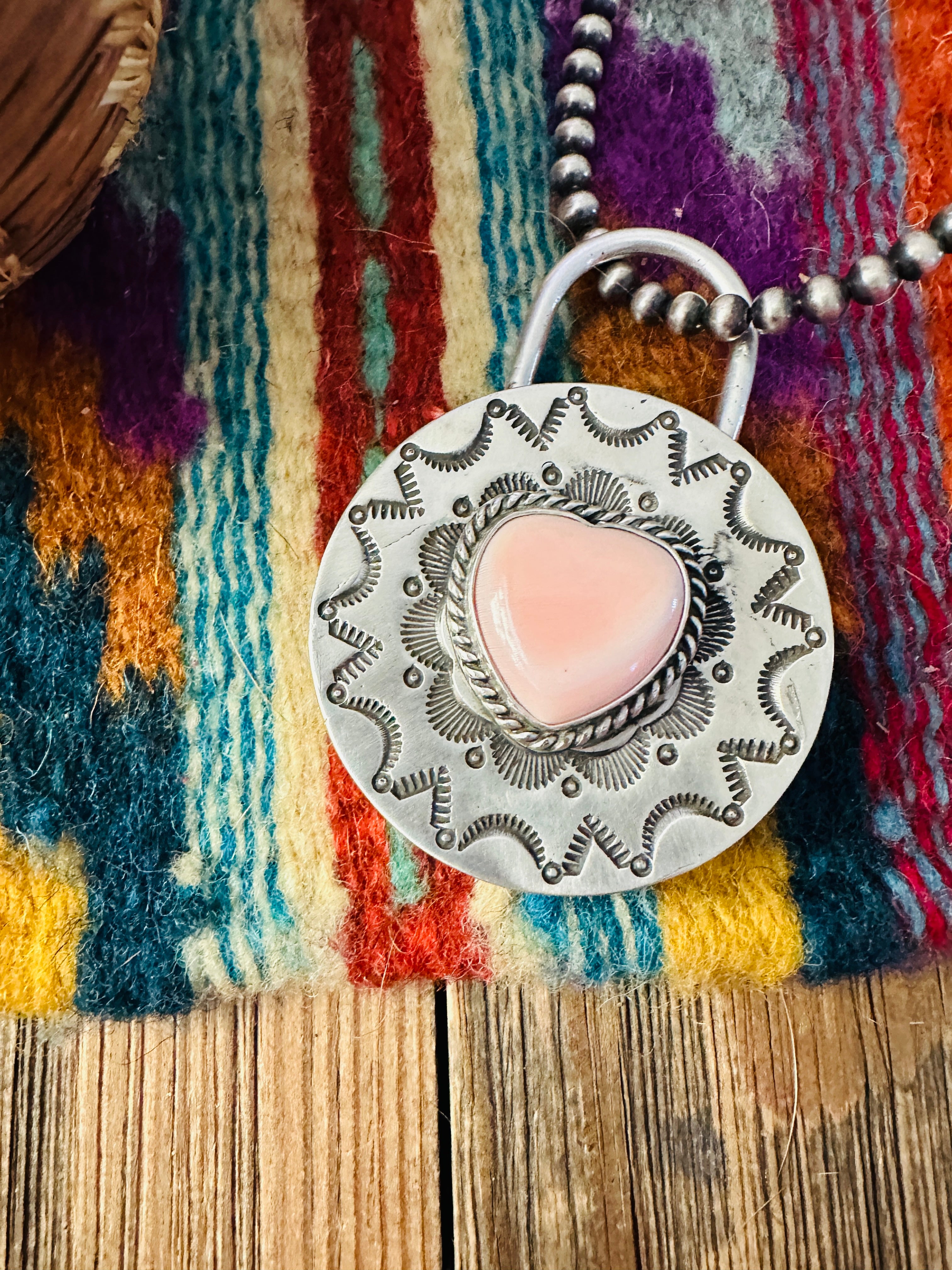 Handcrafted Queen Pink Conch & Sterling Silver Heart Locket Style Pendant by Charles Johnson