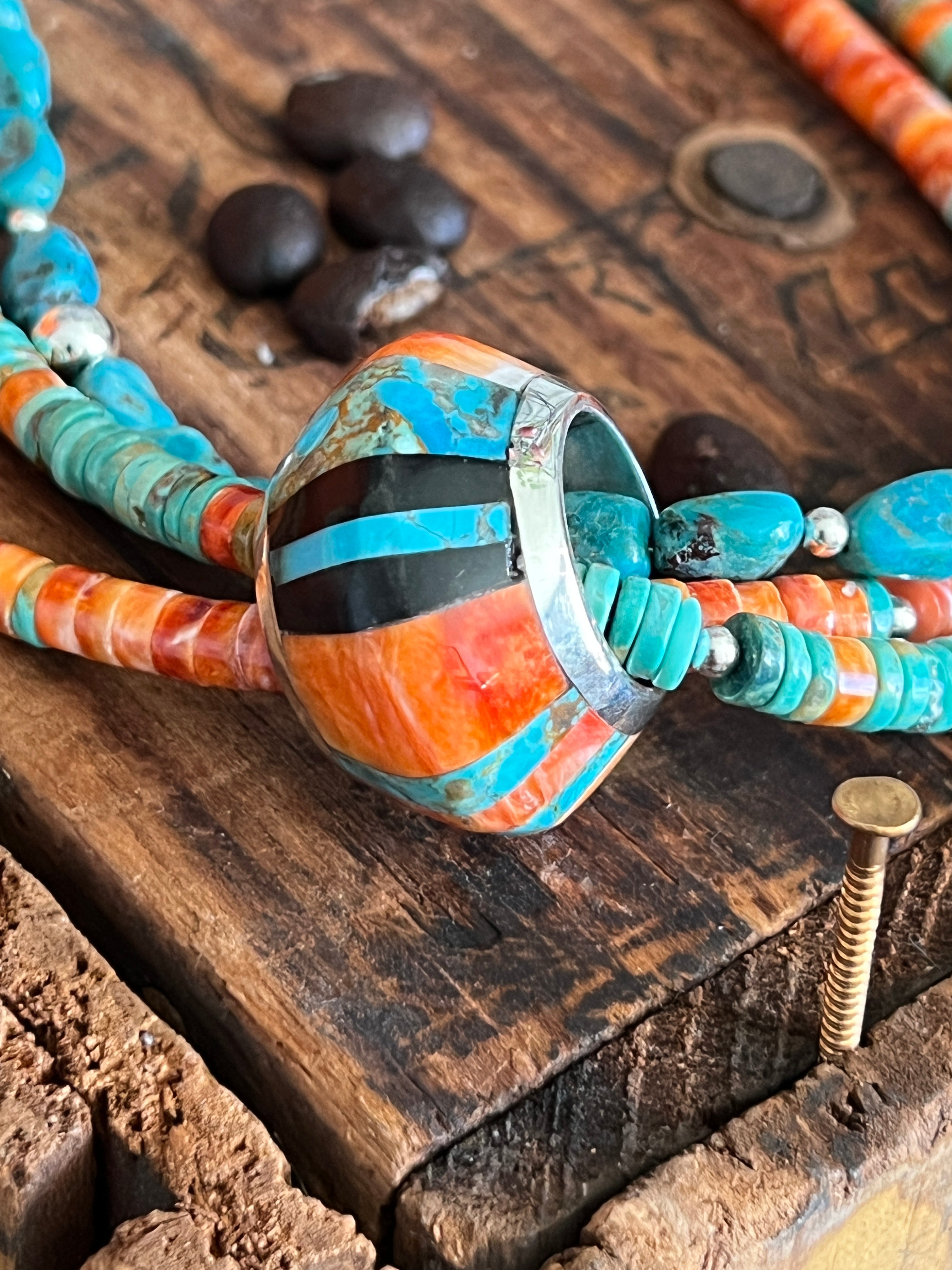 Daniel Coriz Triple Strand Spiny Oyster and Turquoise Beaded Necklace w/ Removable Sterling Silver & Stone Inlay Bead
