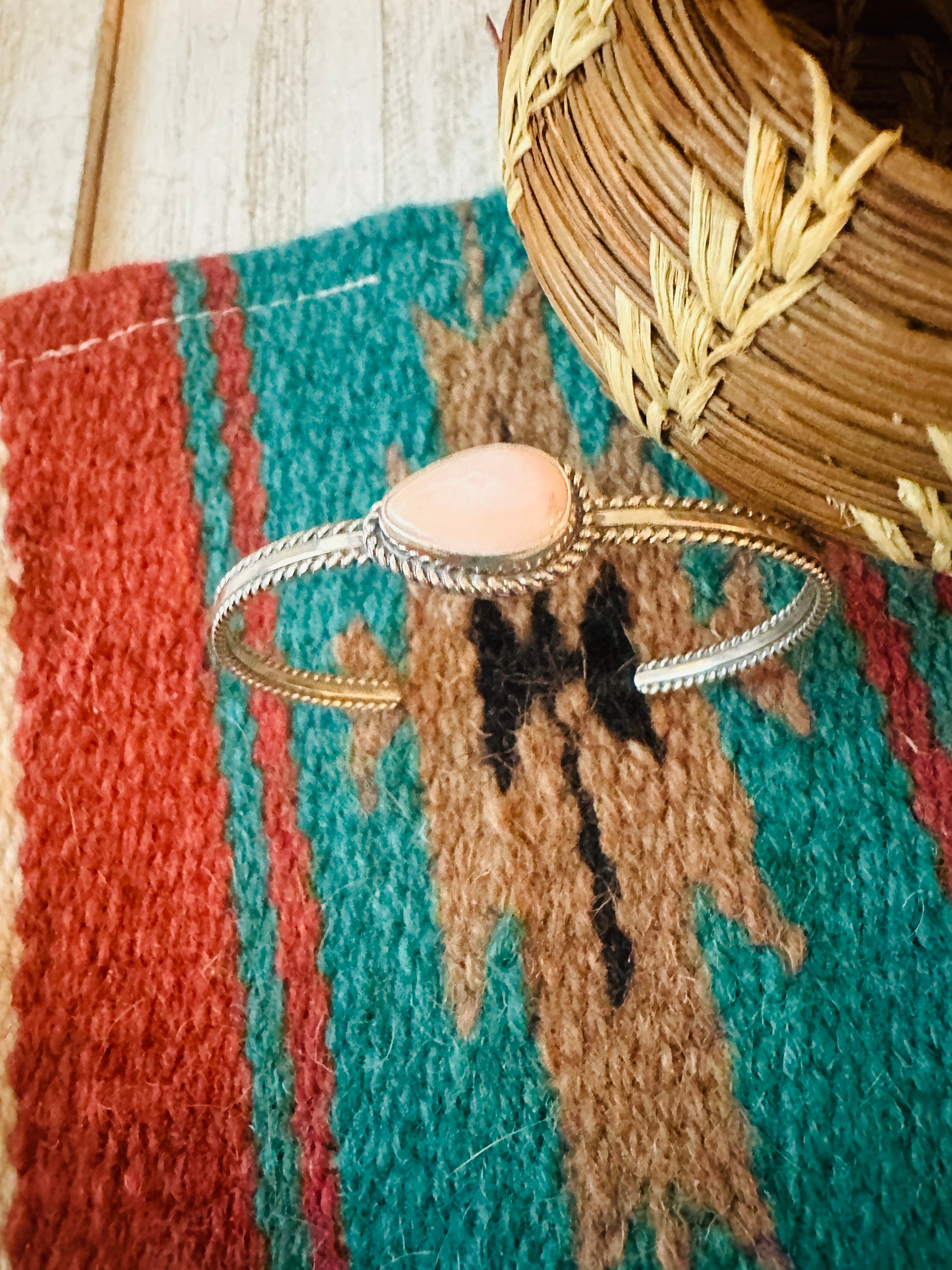 Navajo Queen Pink Conch Shell & Sterling Silver Cuff Bracelet