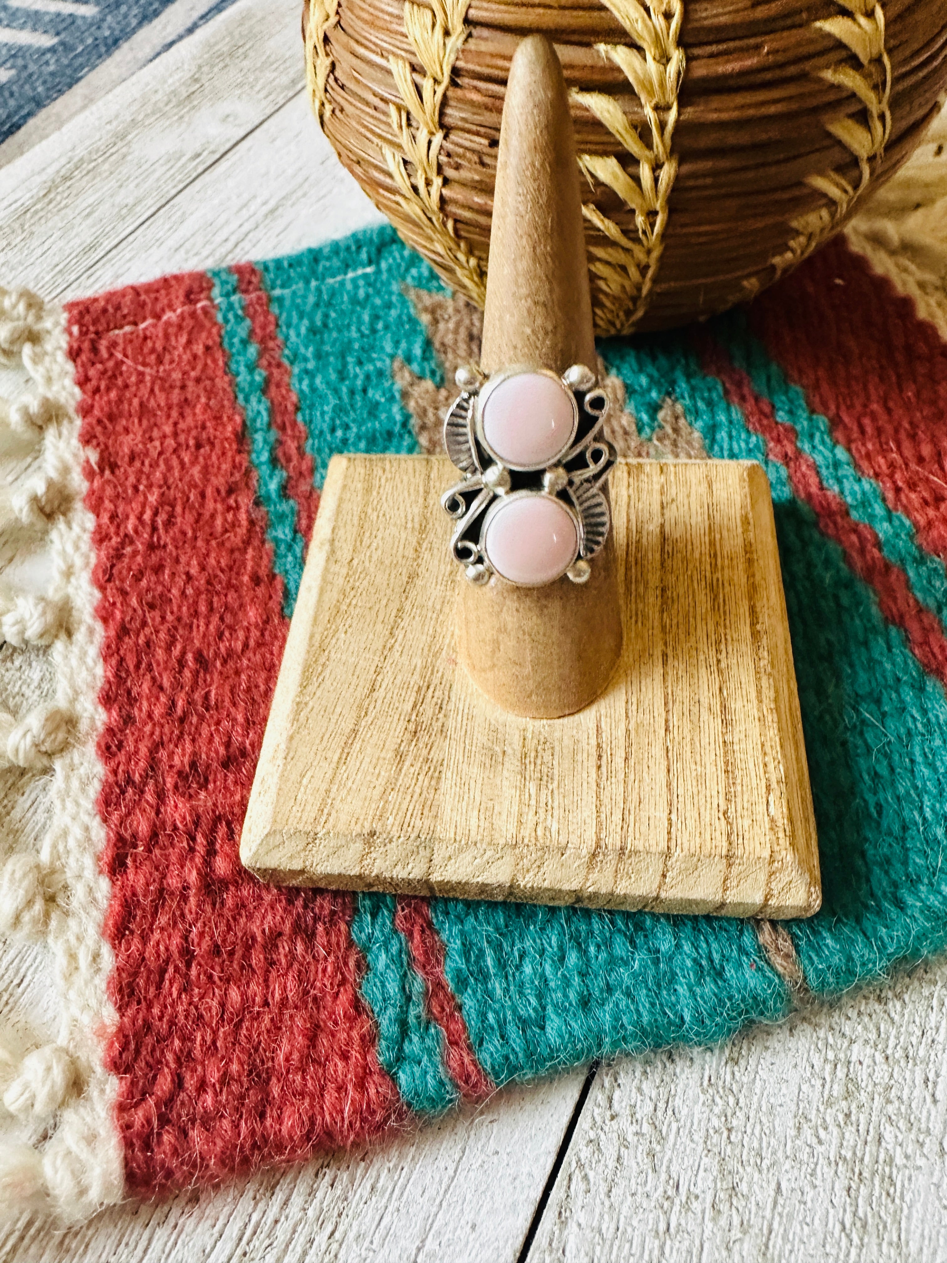 Navajo Sterling Silver & Queen Pink Conch 2 Stone Adjustable Ring