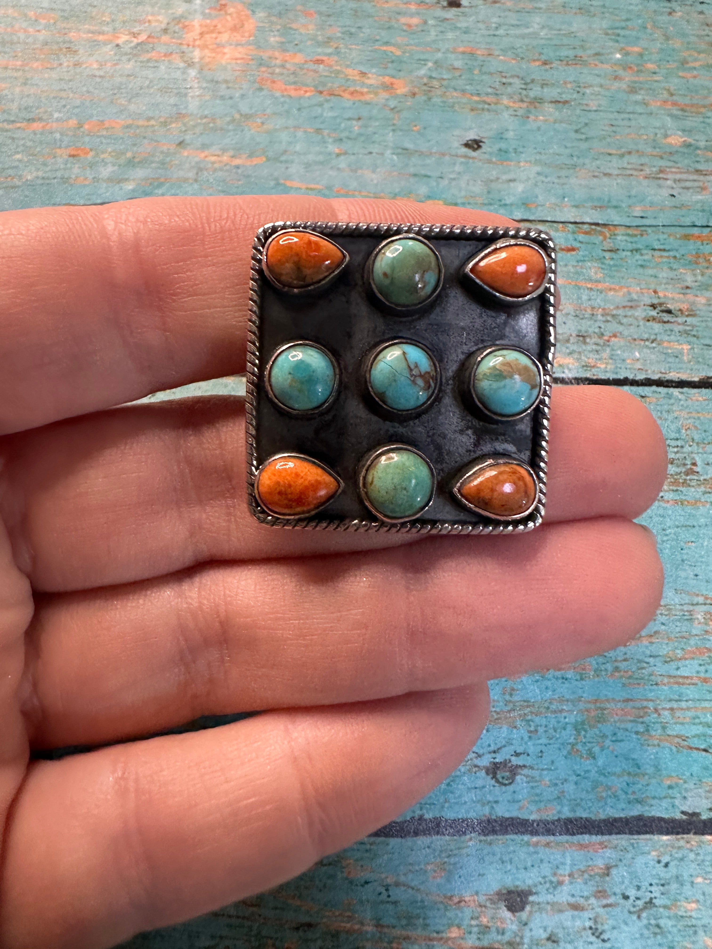 Beautiful Handmade Orange Mojave, Turquoise And Sterling Silver Adjustable Ring