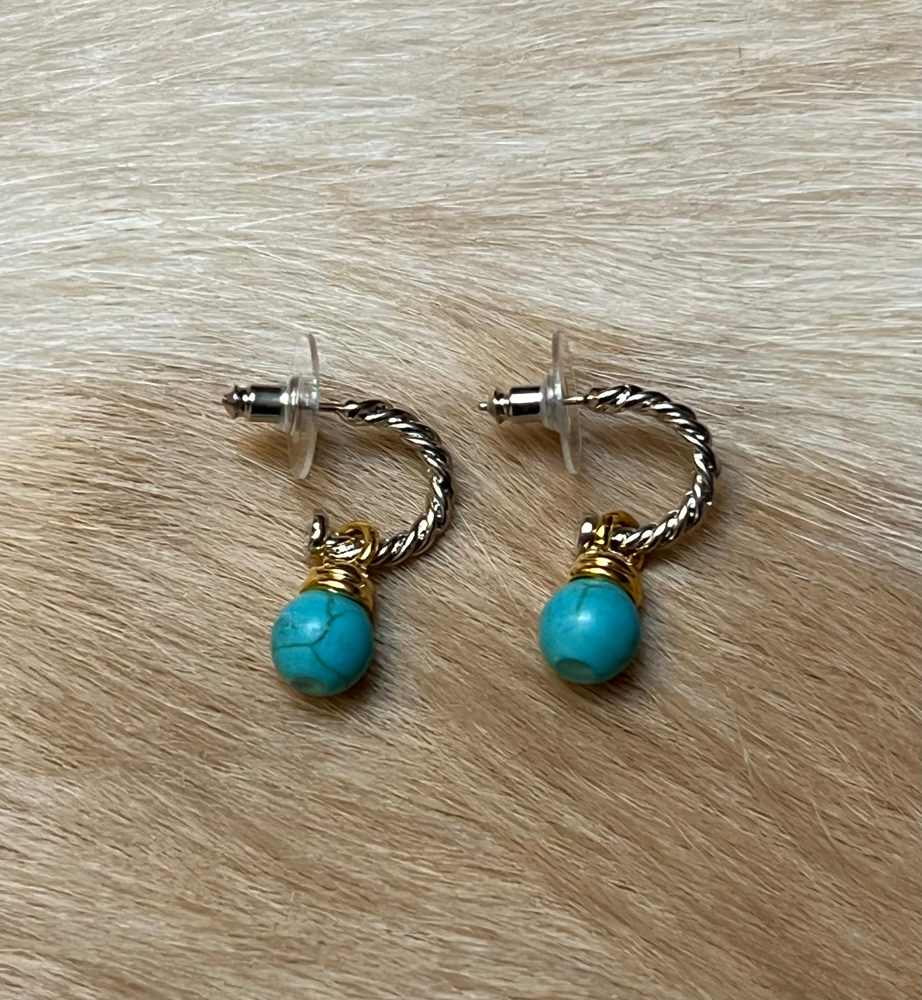 Silver & 14k Gold Plated Two Tone Turquoise Colored Bead Cable Hoop Earrings