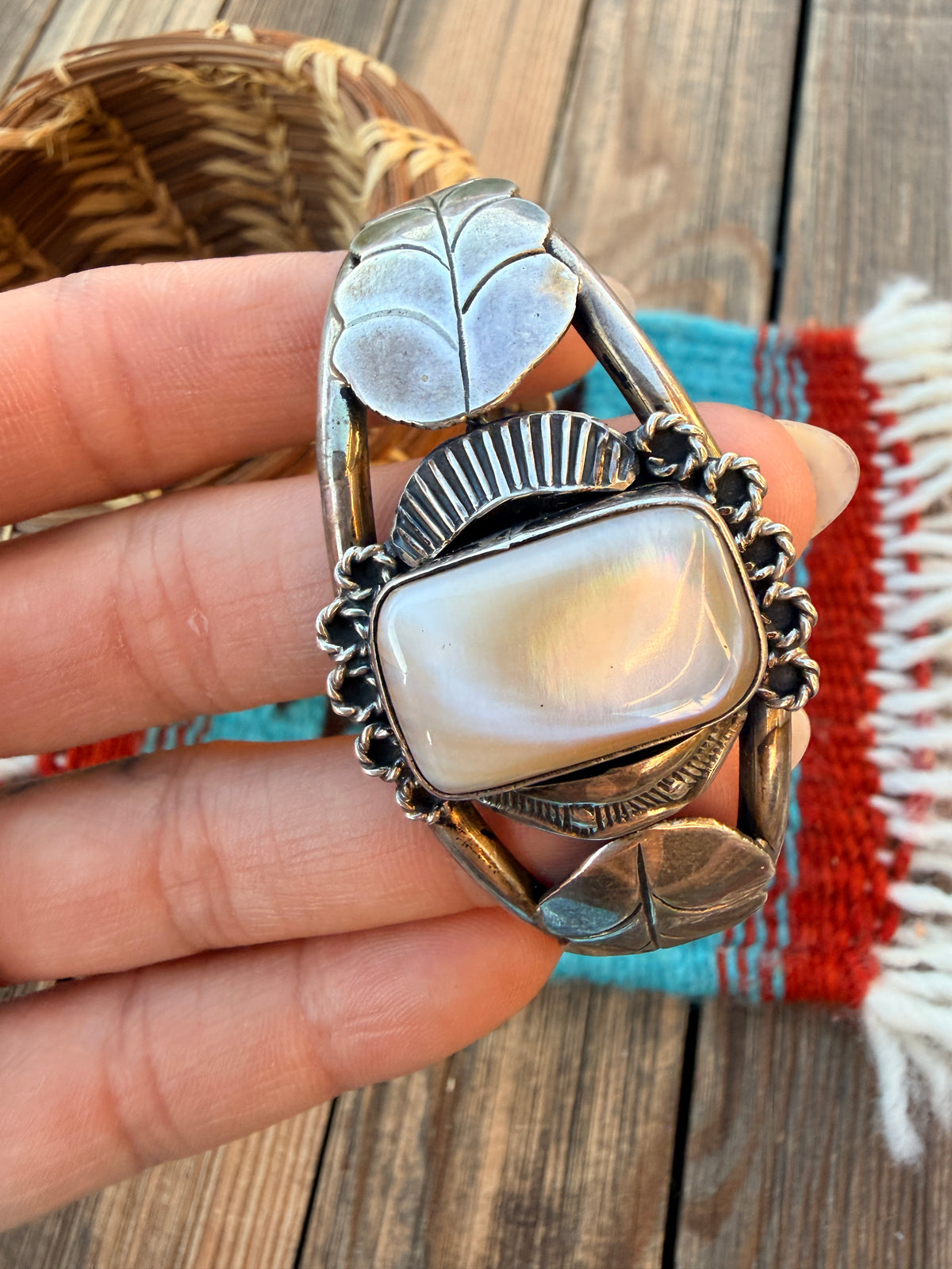 Handcrafted Old Pawn Sterling Silver & Mother of Pearl Cuff Bracelet