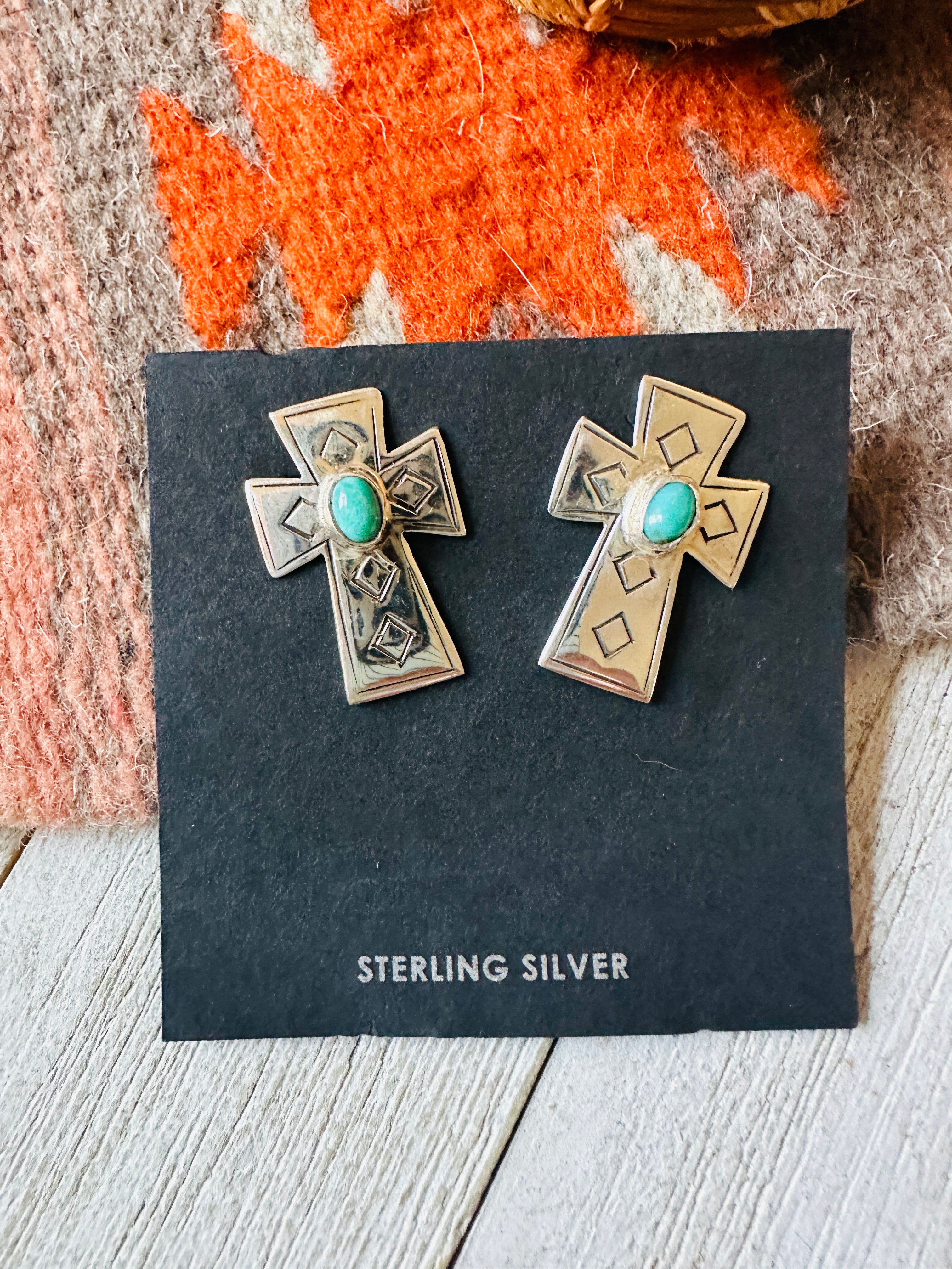 Navajo Sterling Silver & Turquoise Cross Post Earrings