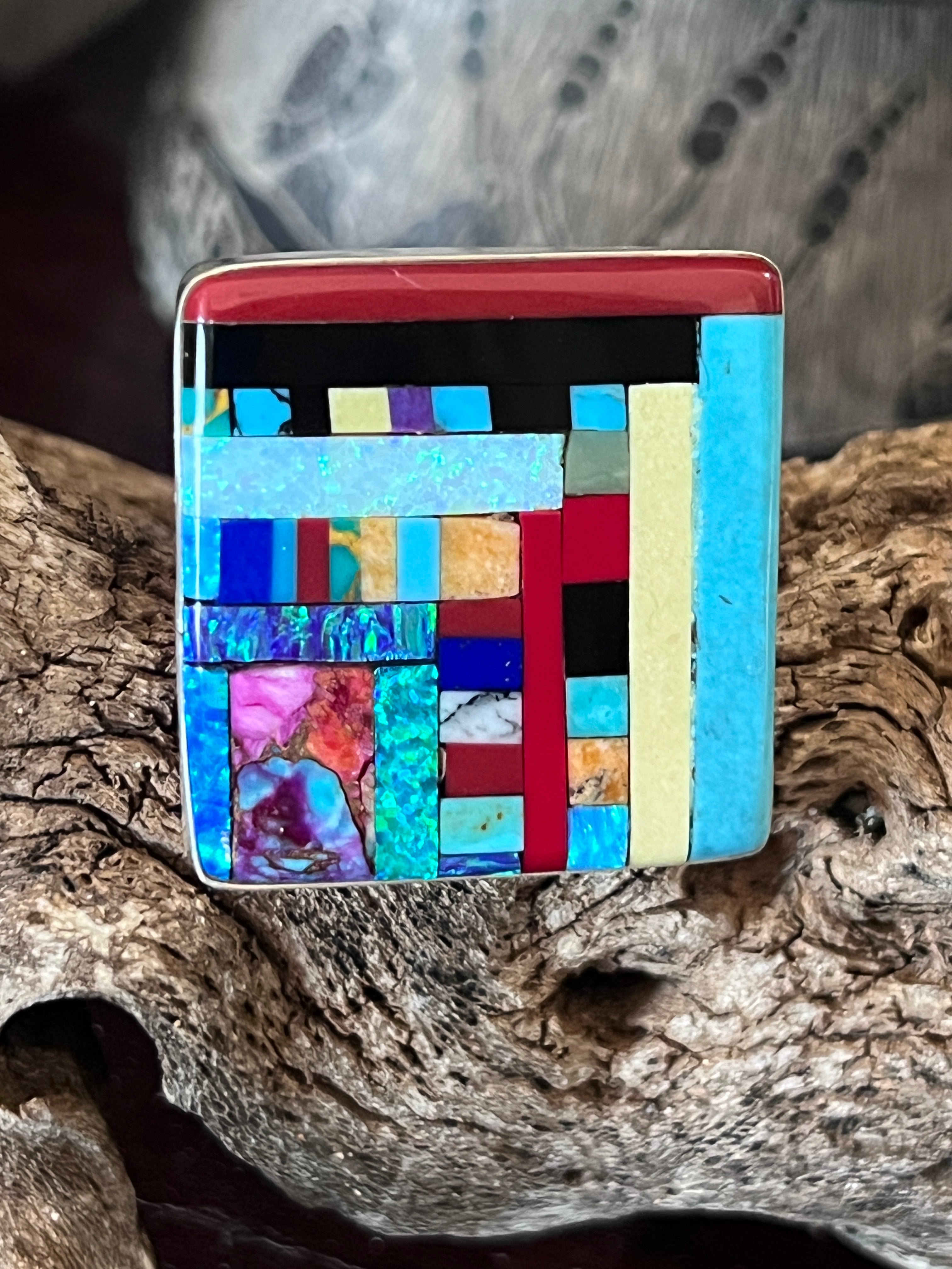 Ronald Chavez Sterling Silver Square Mosaic Multistone Ring, Size 10