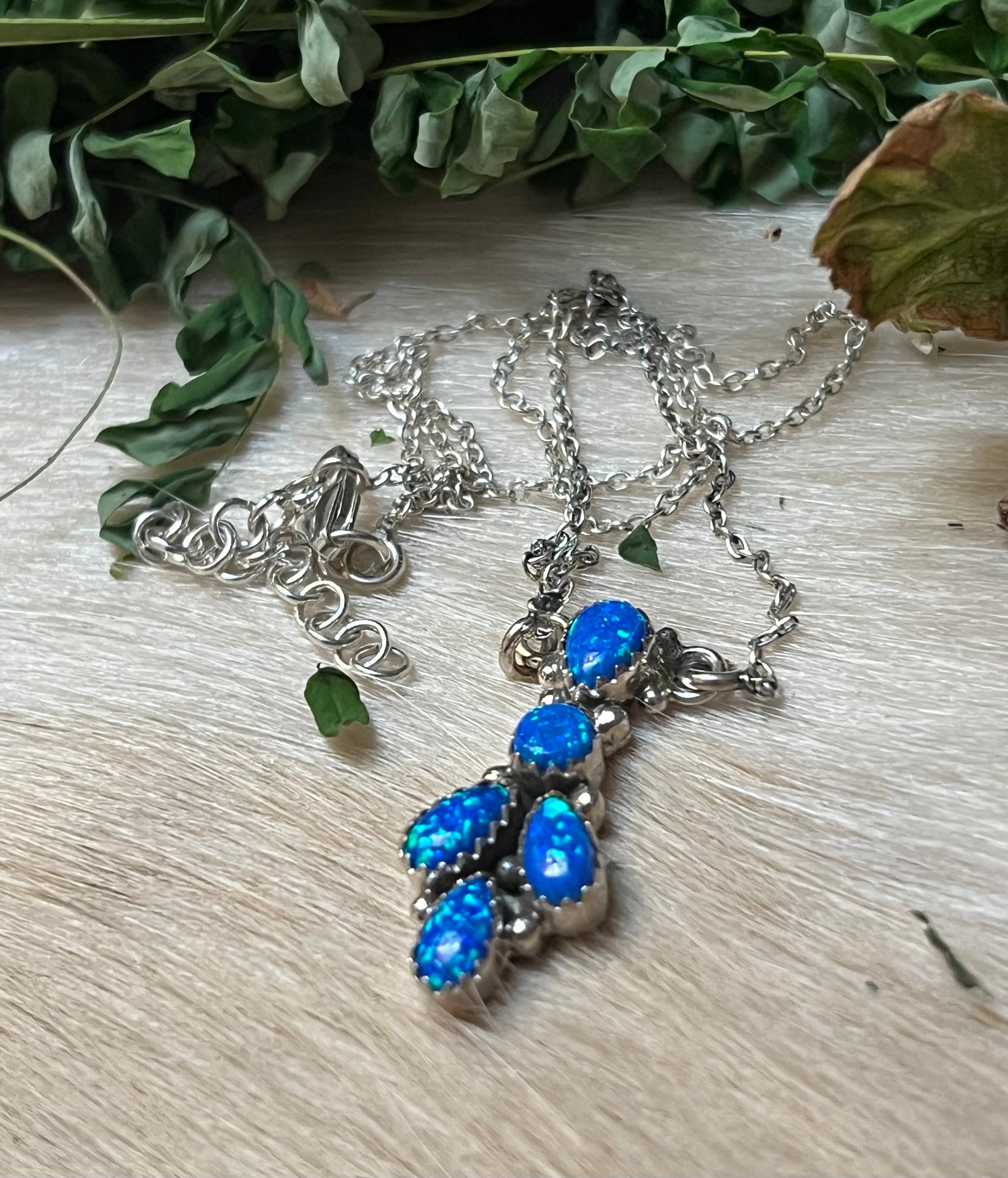 Handmade Blue Opal Tear Drop Cluster Sterling Silver Necklace