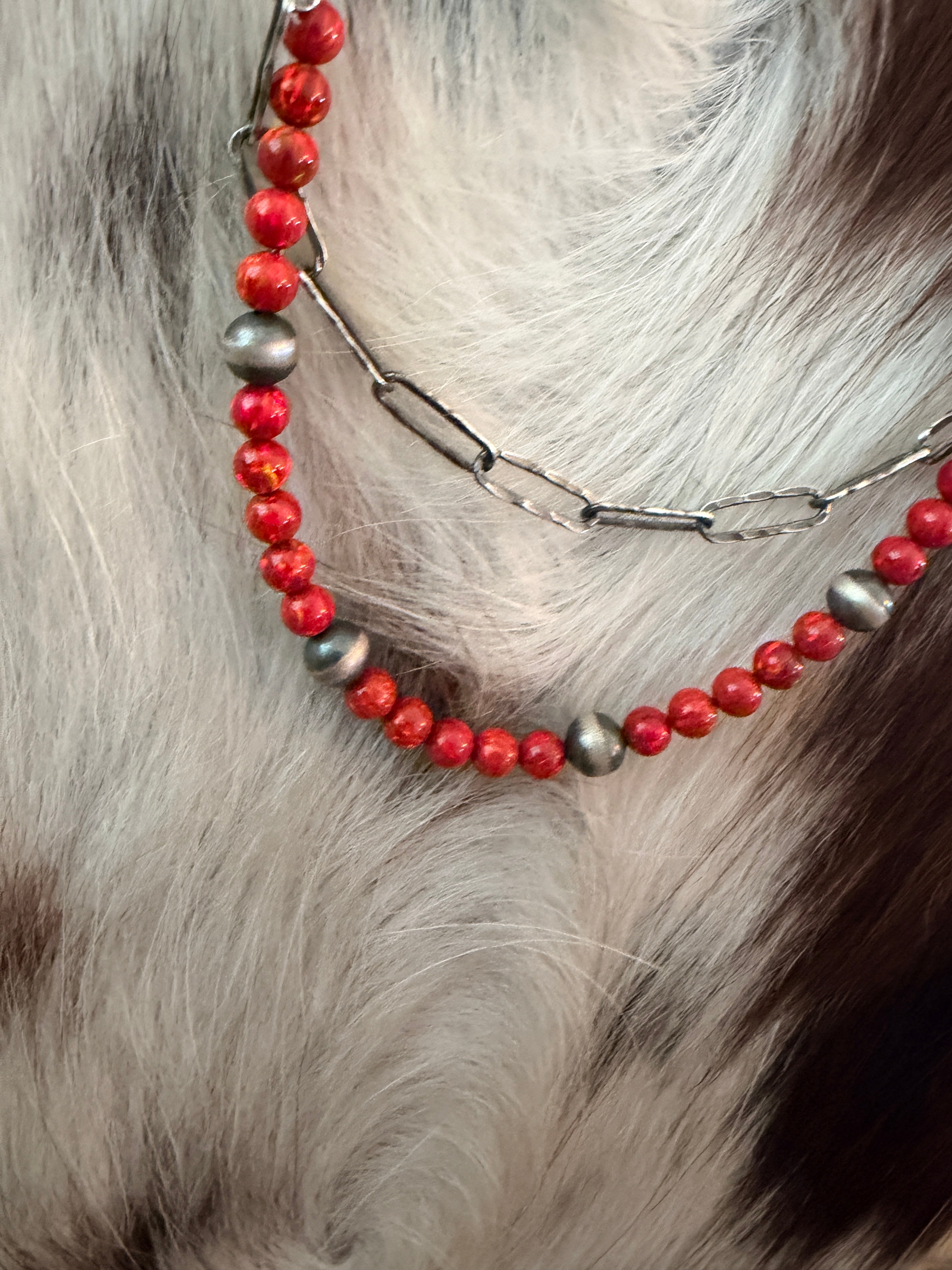 Handmade Sterling Silver & Red Fire Opal Beaded Necklace