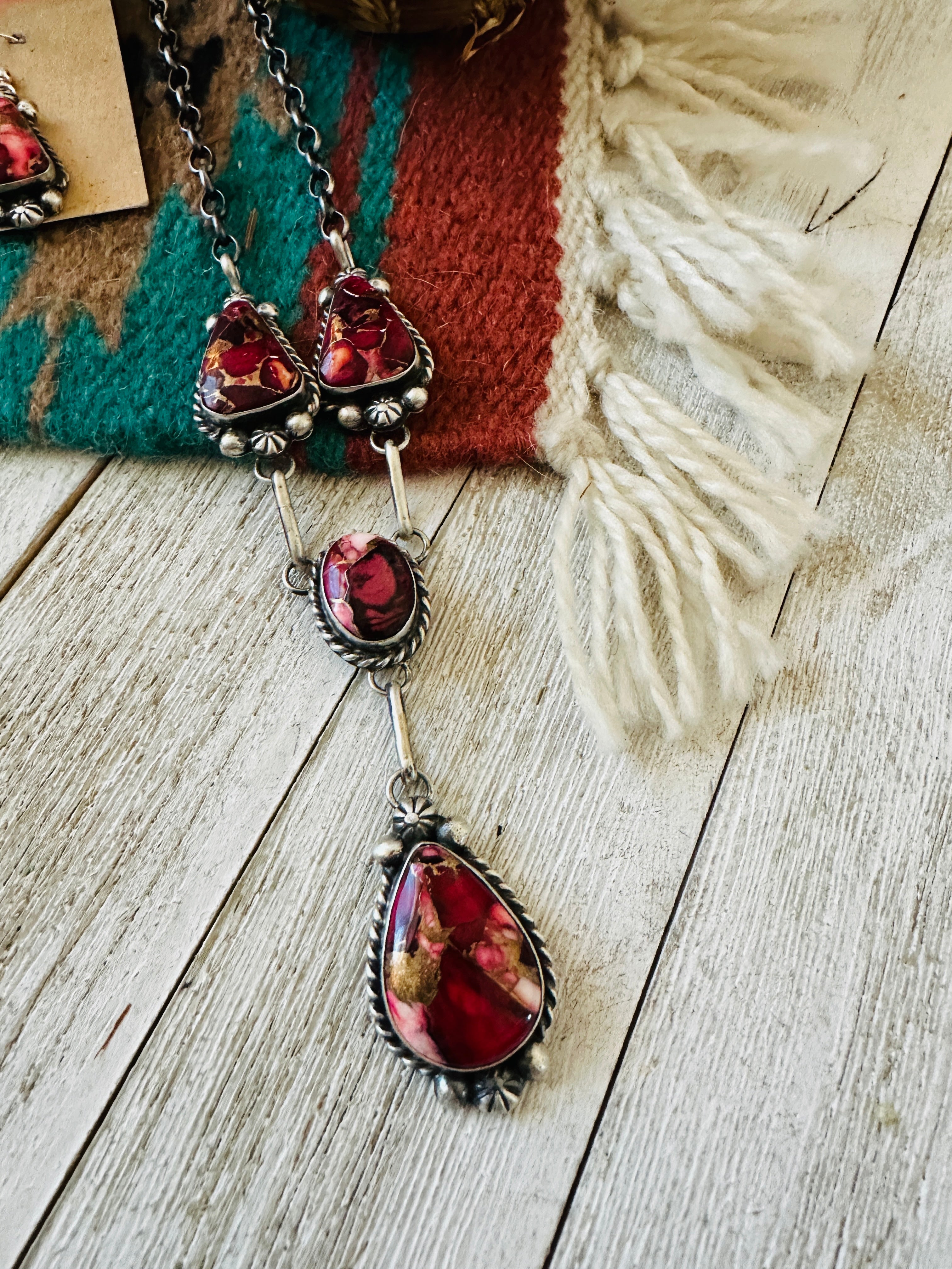 Handcrafted Sterling Silver & Rose Dahlia Lariat Necklace Set by Augustine Largo