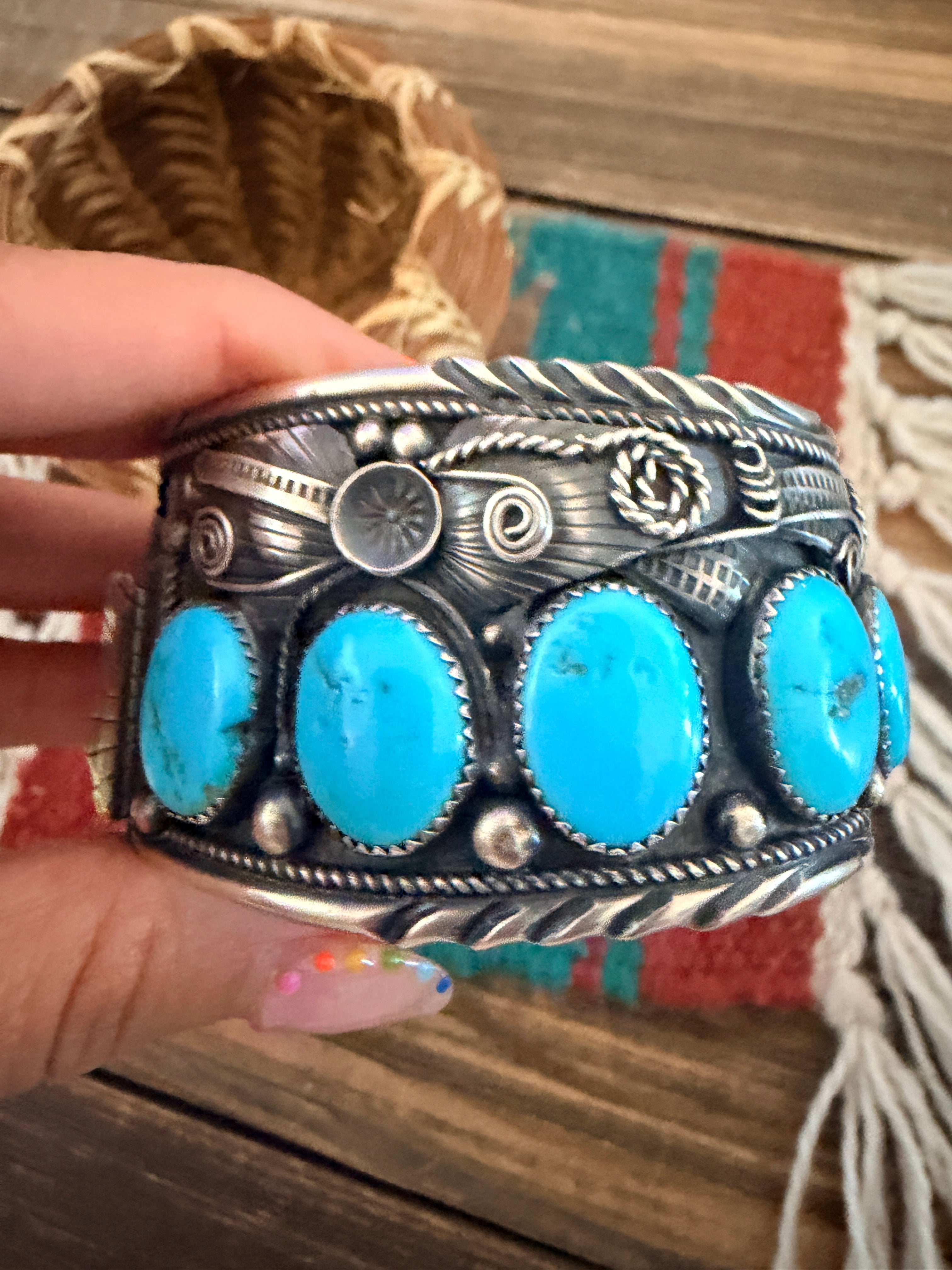 Handcrafted Old Pawn Sterling Silver & Turquoise Cuff Bracelet