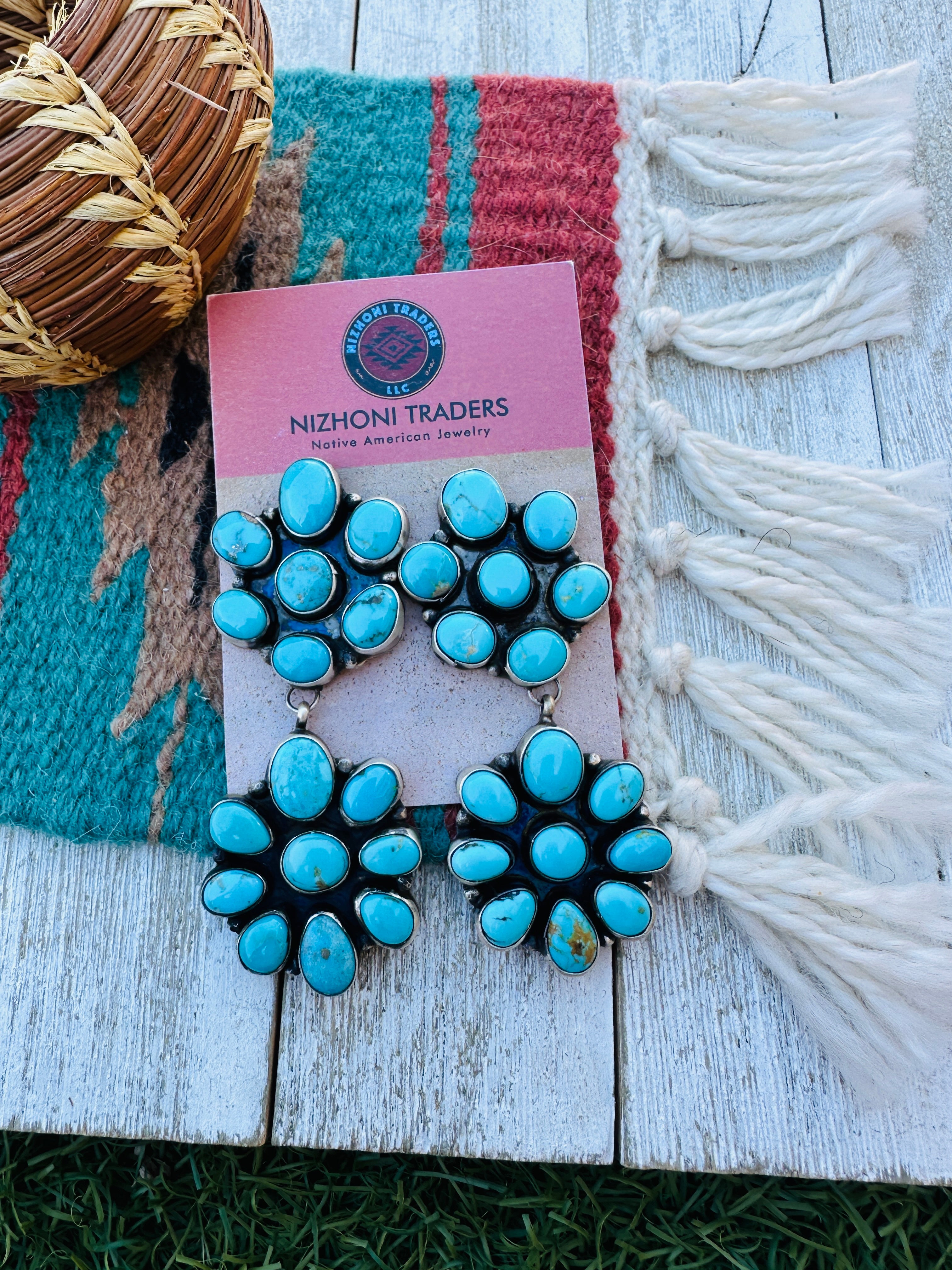 Handcrafted Kingman Turquoise And Sterling Silver Cluster Dangle Earrings by Ella Peter