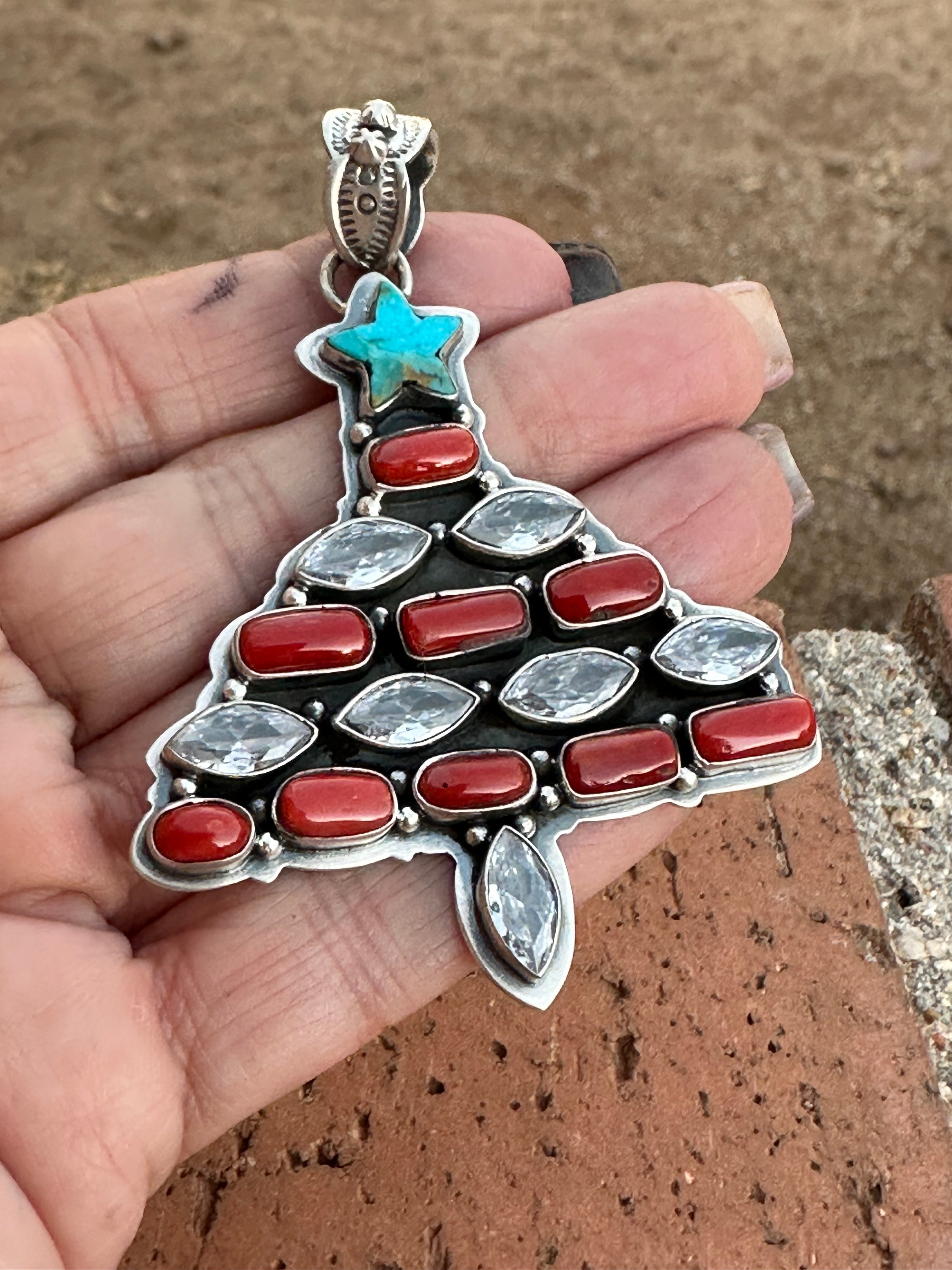 Handmade Sterling Silver, Coral & Turquoise Christmas Tree Pendant