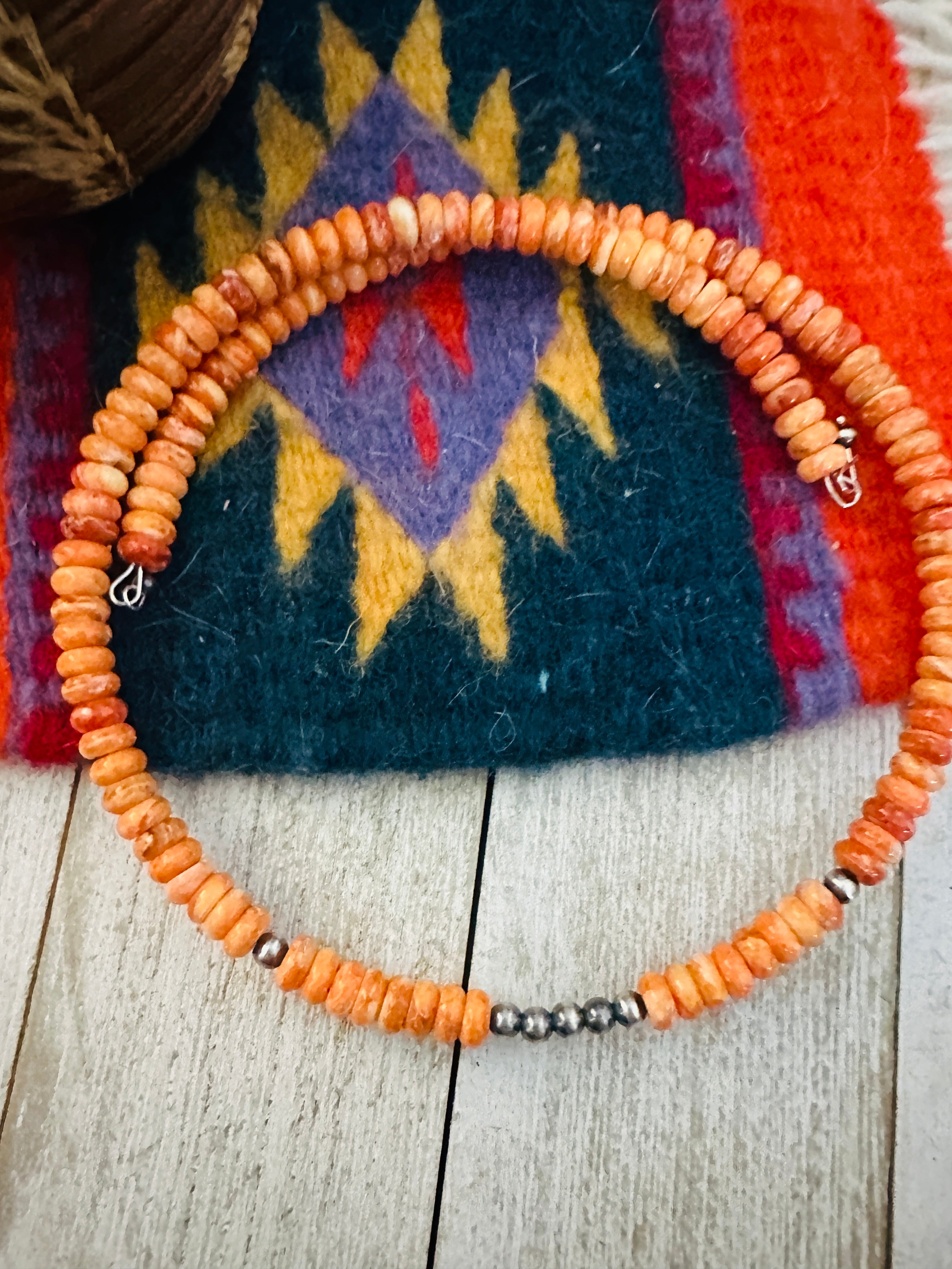 Navajo Orange Spiny & Sterling Silver Beaded Wrap Choker Necklace