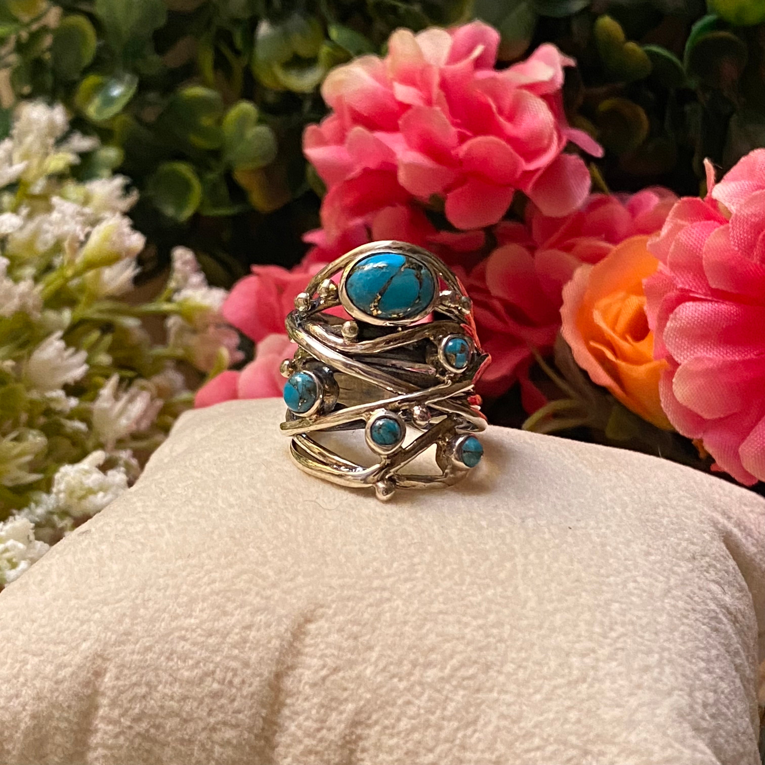 Sterling Silver Five Stone Copper Turquoise Strand Ring Size 6.75